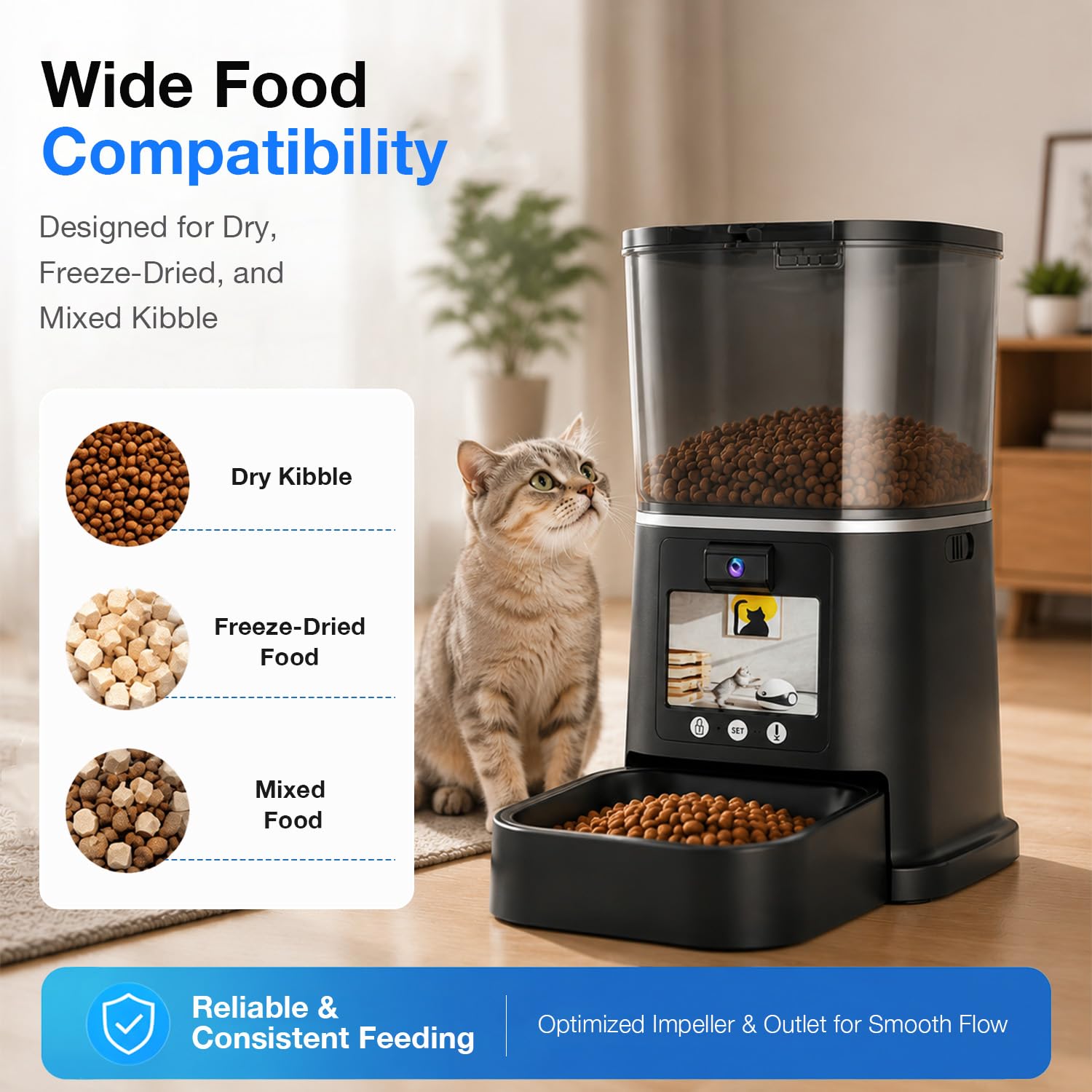 Distributore Automatico per Gatti con Telecamera 5L WiFi e App (Nero） | Videochiamata bidirezionale, audio a due vie, acquisizione AI, pasti programmati e visione notturna per cani e gatti