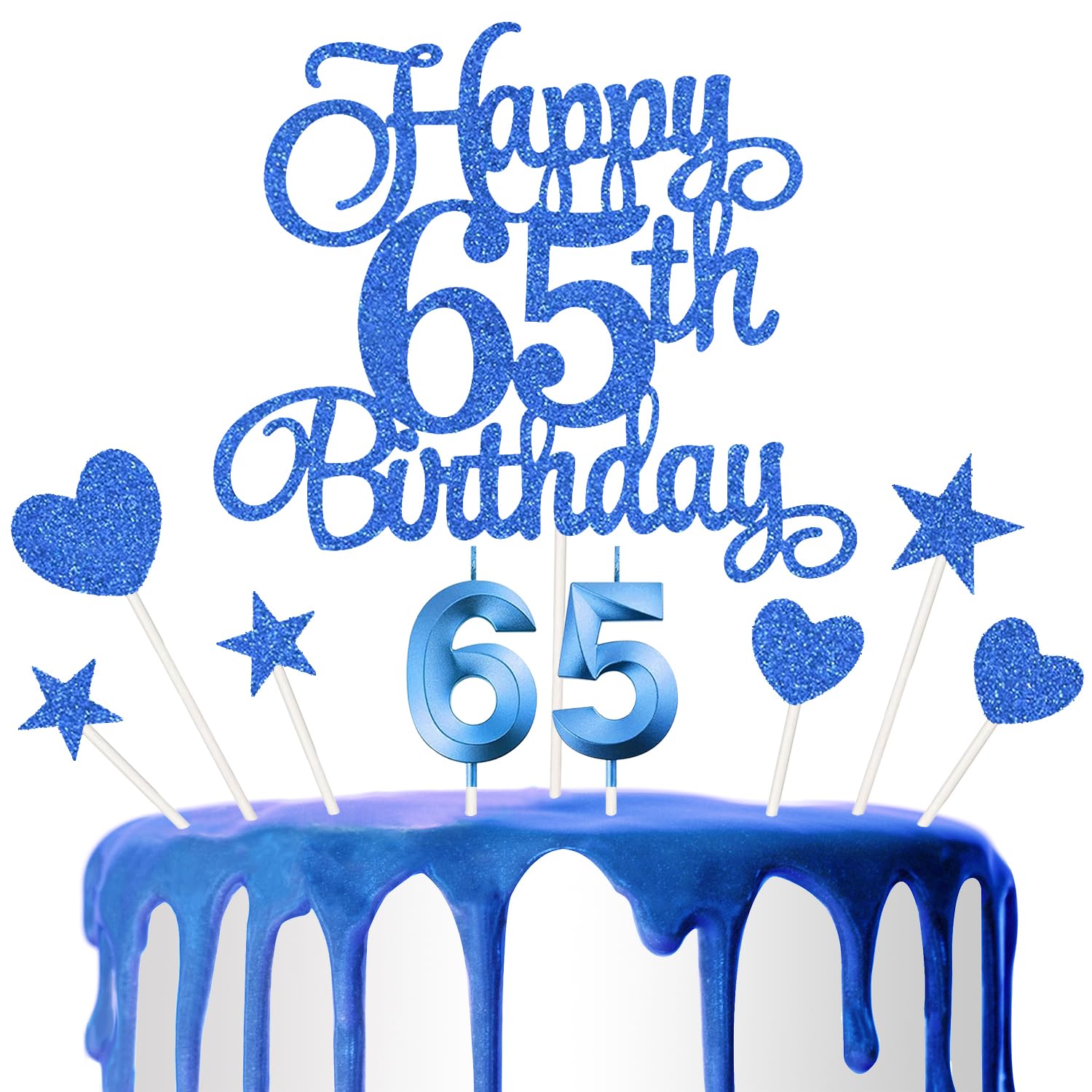 65th Birthday Cake Decoration, 65th Number Candle Happy Birthday Glitter Cake Decoration Card Anniversary Holiday Cake Decoration Insert Card