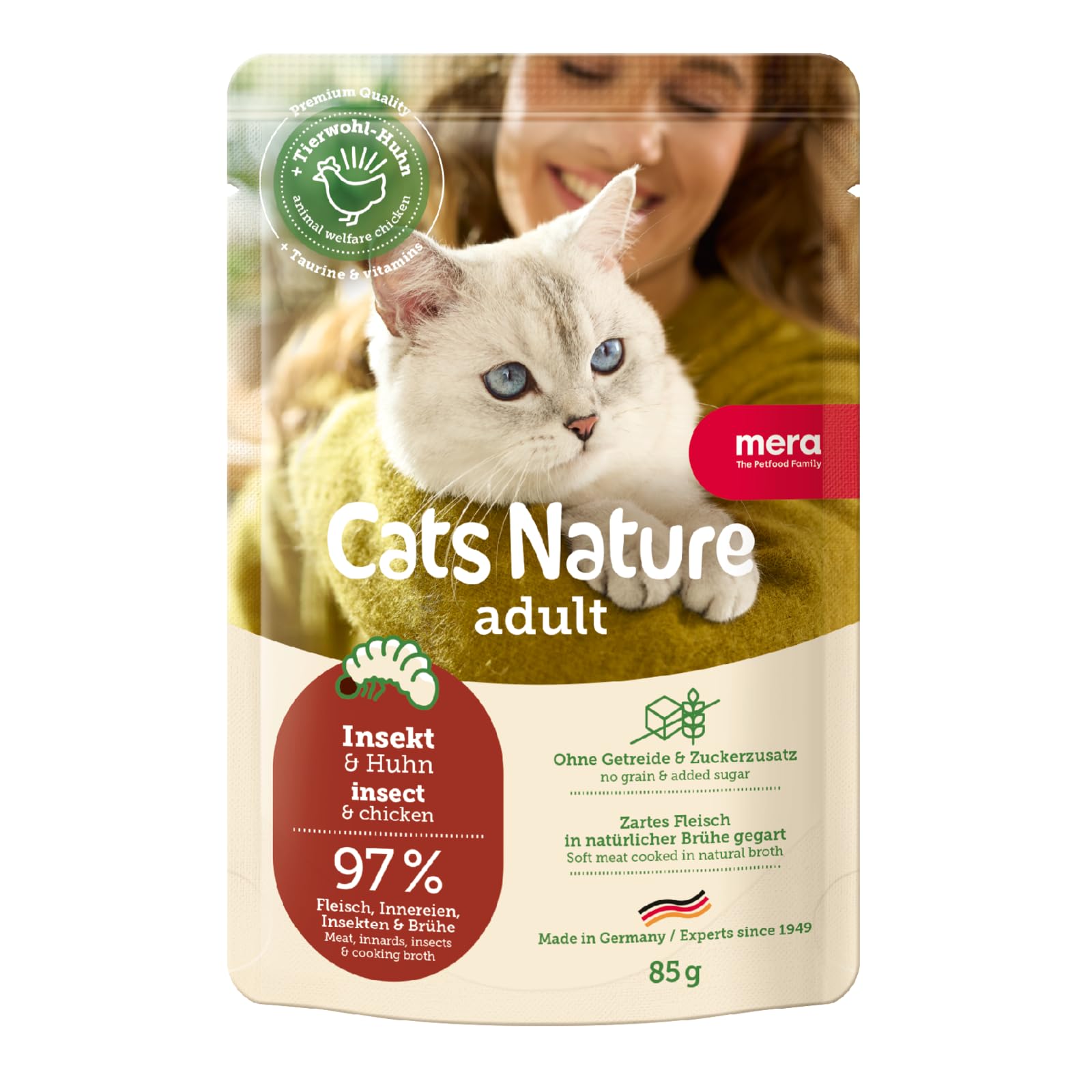 MERA Cats Nature Insekt Premium Katzenfutter Nass 12x85g | ohne Zucker und Getreide| Nachhaltig & mit viel Insektenprotein | Adult Katzennassfutter