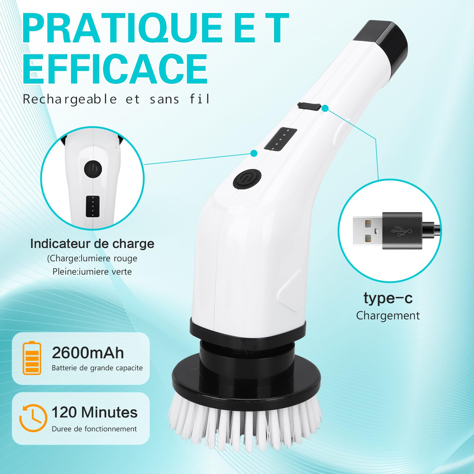 Cepillo de limpieza eléctrico inalámbrico, cepillo de fregar de microfibra para pisos de madera dura, con cabezal de cepillo de acero inoxidable y cable de carga USB (blanco)