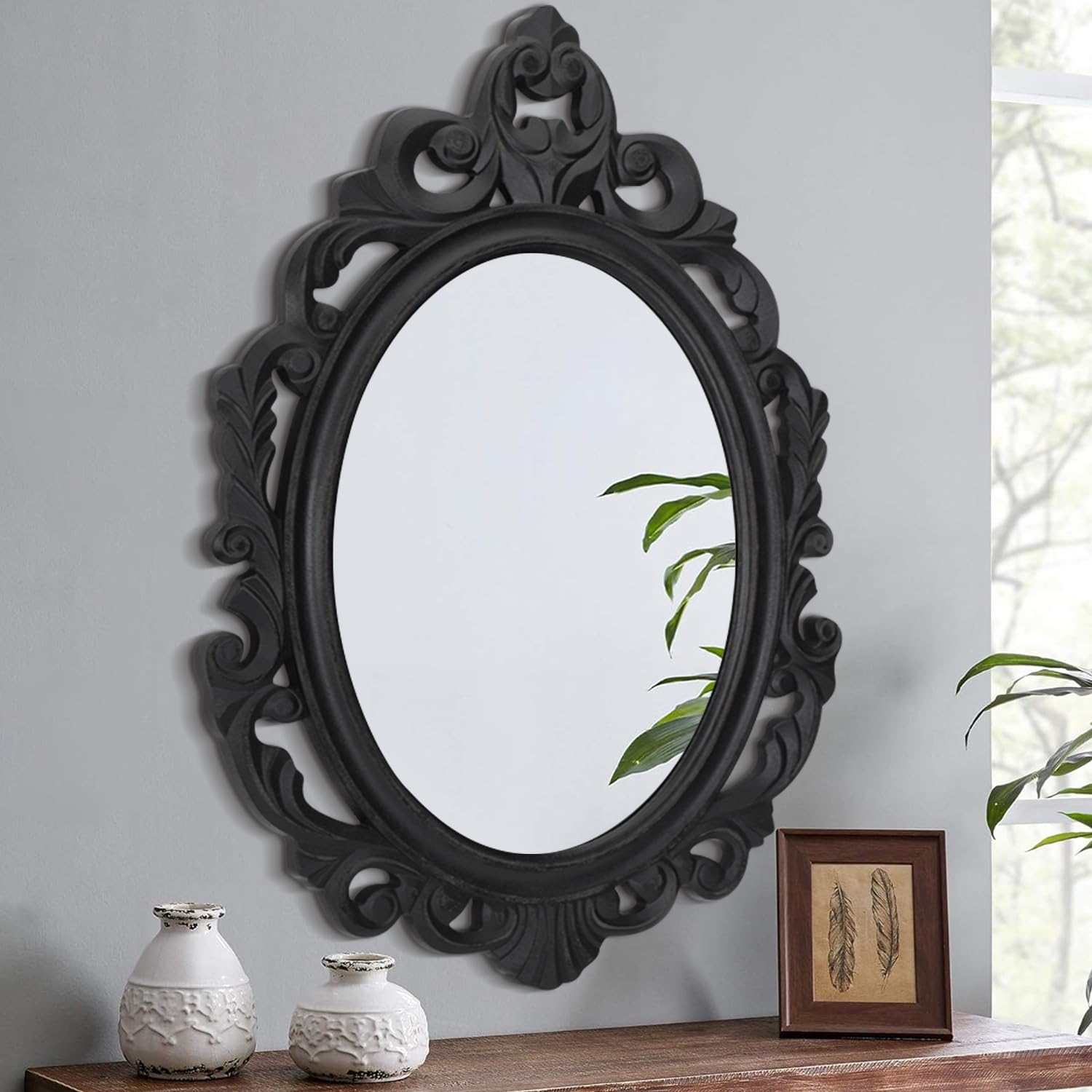 Lzuso Wooden Hanging Oval Mirror Black Carved Frame Wall Mirrors Rustic Vintage Decorative Aesthetic for Vanity Bedroom Bathroom Living Room Entryway Farmhouse 24"x16"