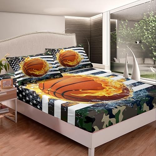 Miniatura 2 de Erosebridal Sábana bajera ajustable de baloncesto, juego de ropa de cama de camuflaje individual para niños y adolescentes, sábanas de bandera