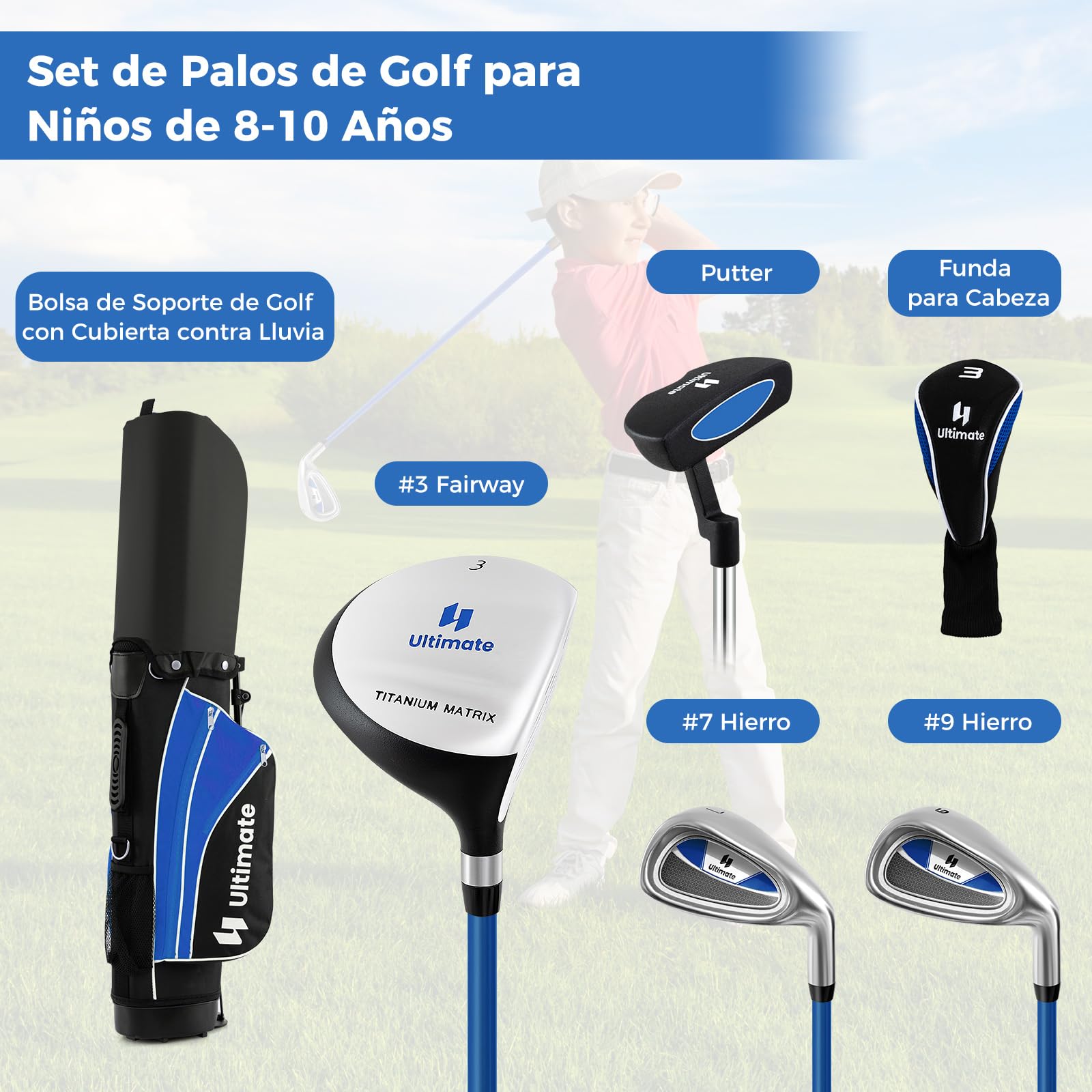 COSTWAY Set de Palos de Golf para Niños 8-13 Años, Incluye Madera 3, Hierros 7 y 9, Putter, Bolsa