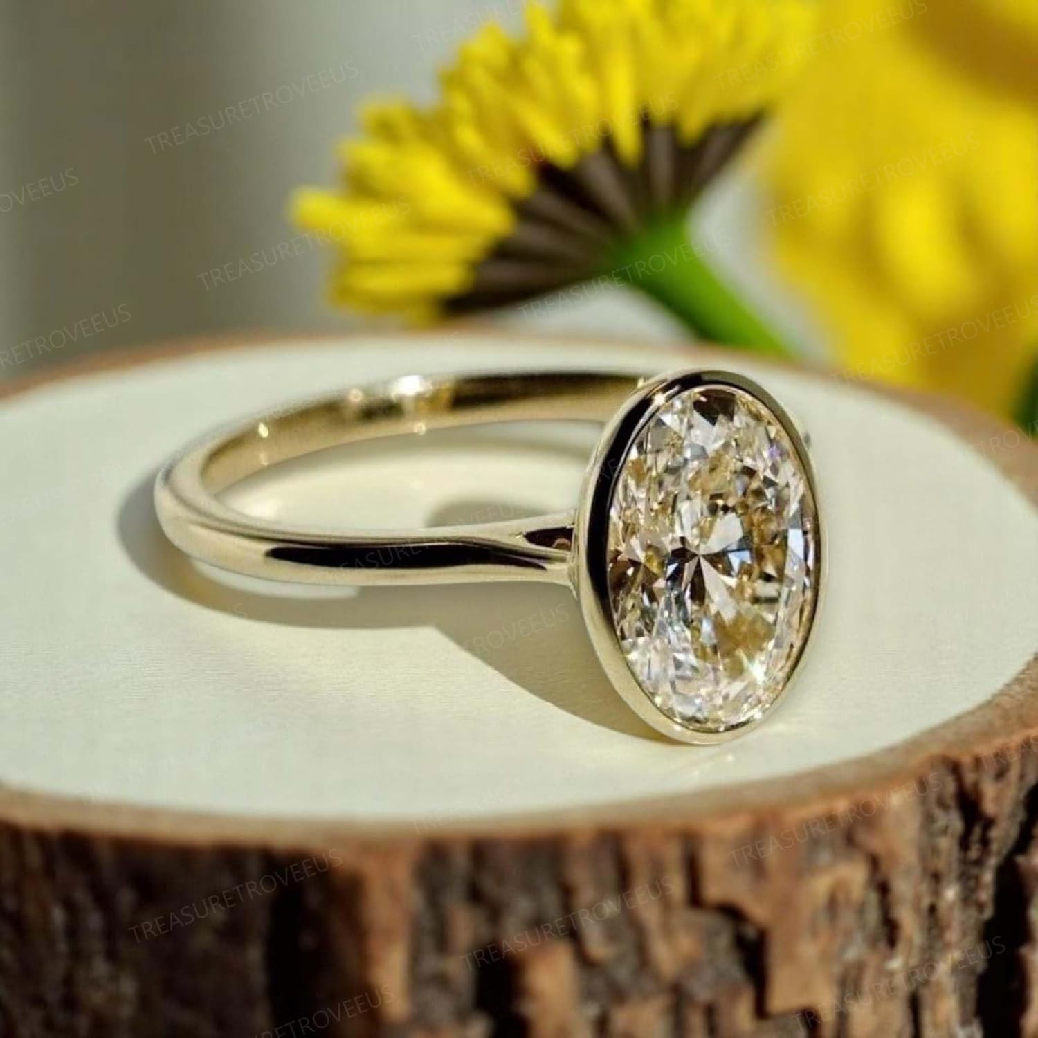 Oval Bezel Set Moissanite Engagement Ring for Women 14K Yellow Gold Plated Sterling Silver Solitaire Ring Dainty Oval CZ Minimalist Wedding Promise Ring Classic Anniversary Jewelry - Image 3