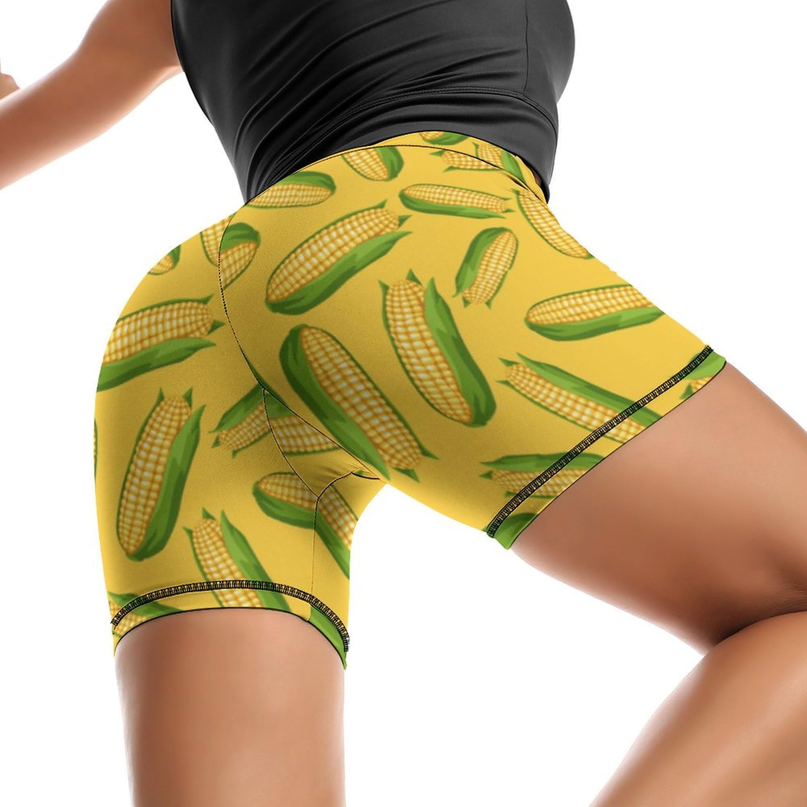 Fresh Ripe Corn Cobs Pattern High Waist Yoga Shorts for Women Athletic Shorts Leggings Running Pants Black