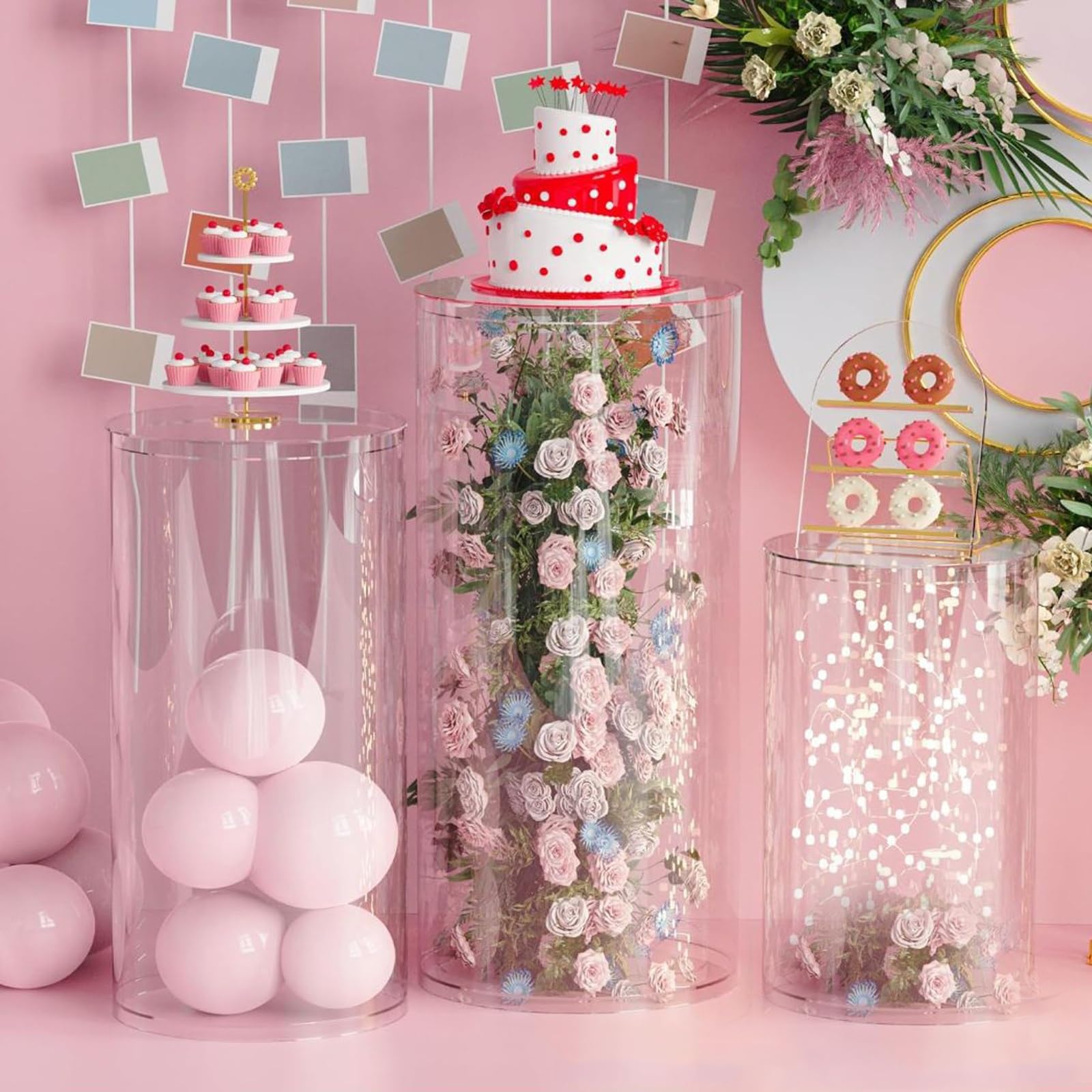 Supporti a Piedistallo Cilindrici per Feste, Supporti a Piedistallo Rotondi Trasparenti, Grandi Tavoli Cilindrici Rotondi per Feste per Decorazioni Artistiche per Feste Di Compleanno e Matrimonio(3 Pc