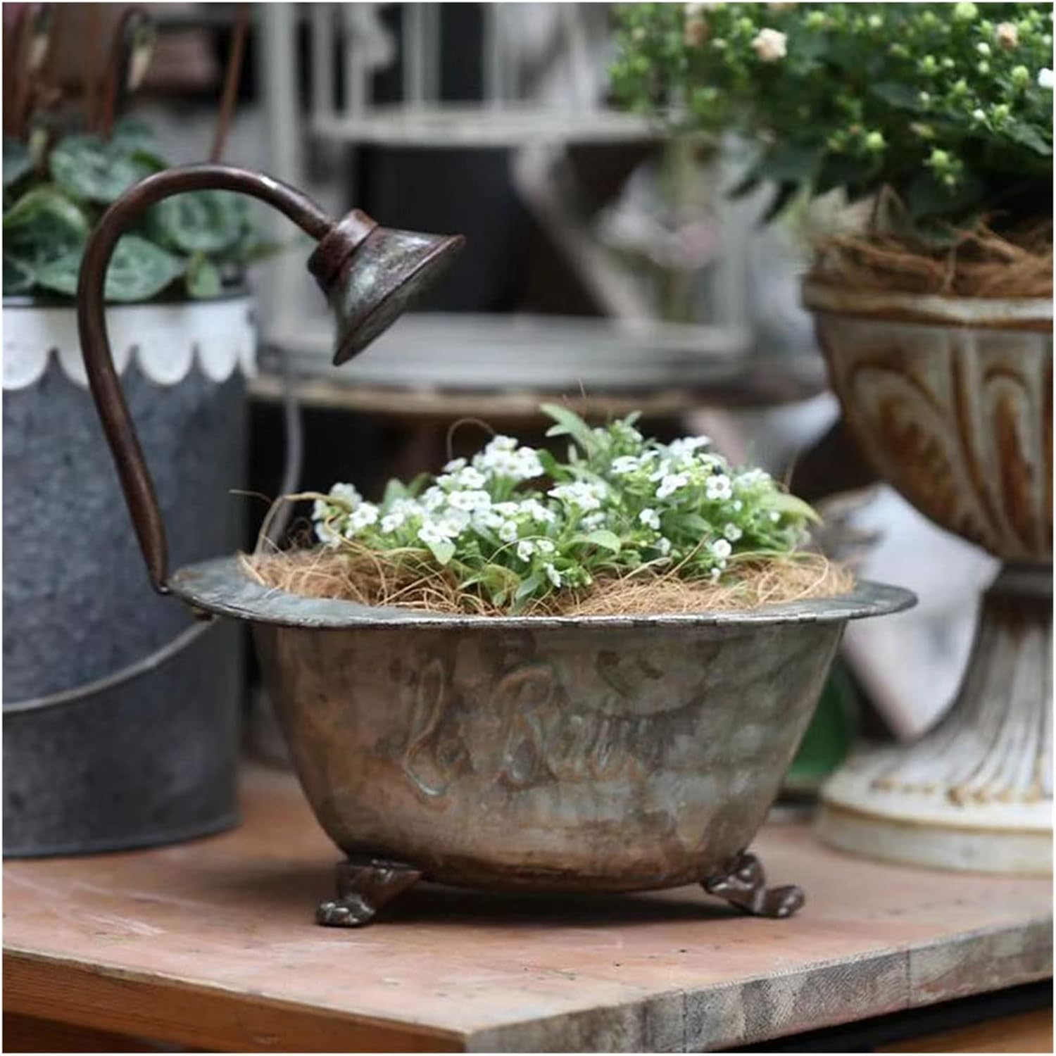 Metal Bathtub Planters with Faucet, Galvanized Oval