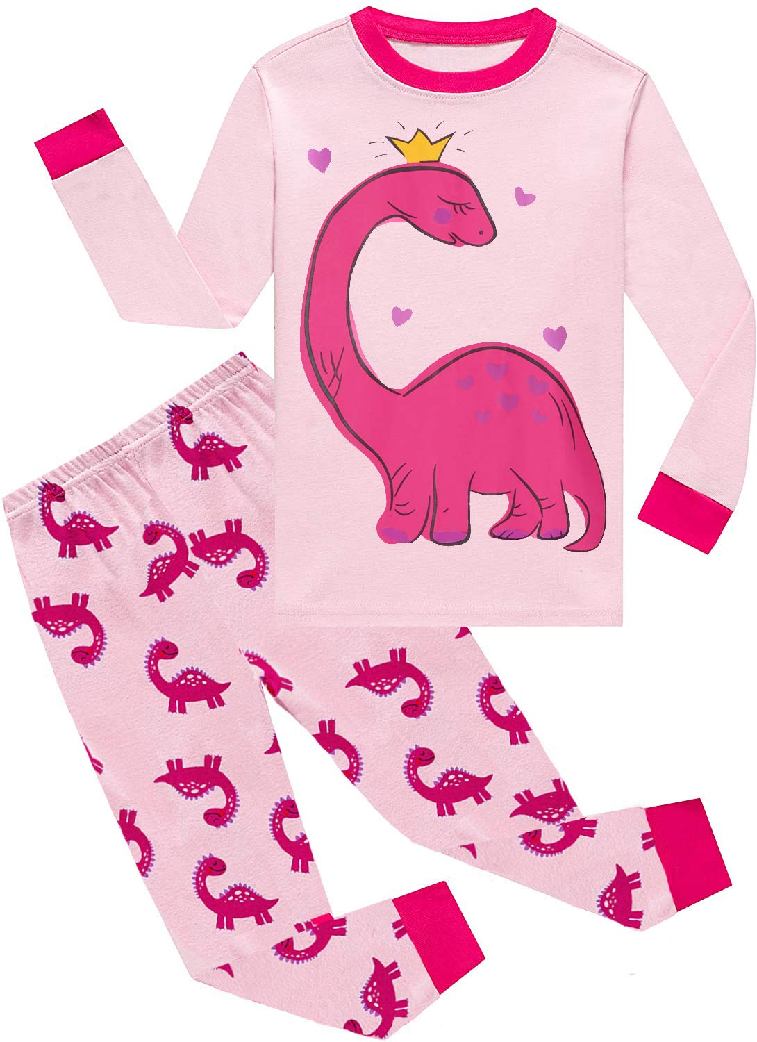 EULLA Girls Pyjamas Set Long Sleeves Dinosaur Toddler Pjs Pink Sleepwear Cotton Age 1-2 Years