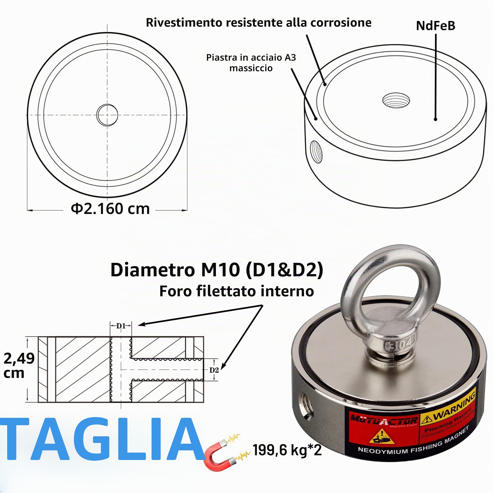 MUTUACTOR Magnete al neodimio Super Potente Combina 400KG Forza di trazione, Magnete Potente Con 20M Corda Robusta, Acquista Magnete Potente In Gioco Pesca Magnetica per la pesca magnetica e