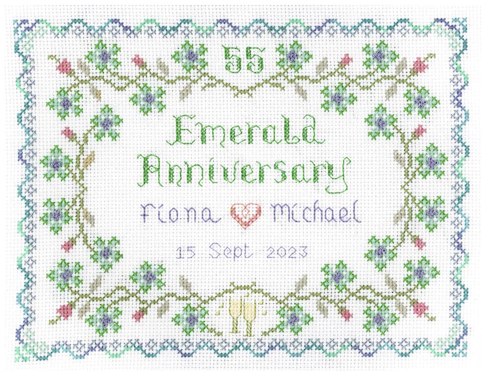 Lifetime Samplers & Decorative Textiles Emerald Wedding Anniversary Sampler for 55 Years of Marriage - Complete Cross Stitch kit on 14 aida with Clear Colour Chart