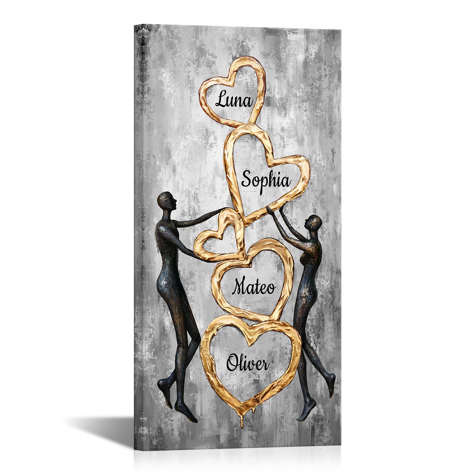 iLOOKLiKE Personalized Family Names Sign with Heart Shaped Wall Art Black Grey and Gold Foil Abstract Canvas Prints Custom Muti Name Poster Framed