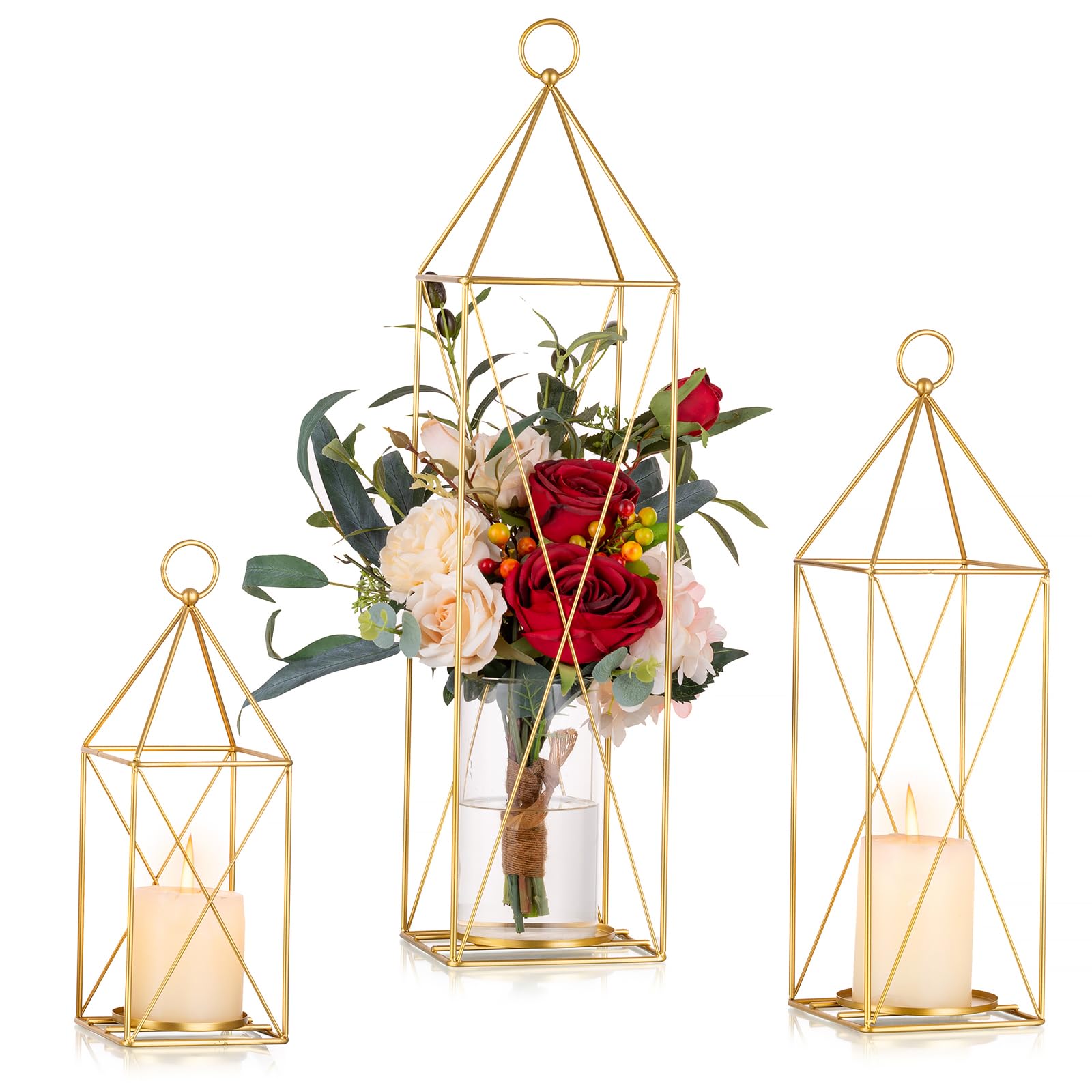Sziqiqi Gold Candle Lanterns Set of 3-11/15/21in Tall Decorative Pillar Candle Holders for Hanging Floor Tabletop Decor Large Metal Candleholder Lantern for Wedding Christmas Party Centerpieces