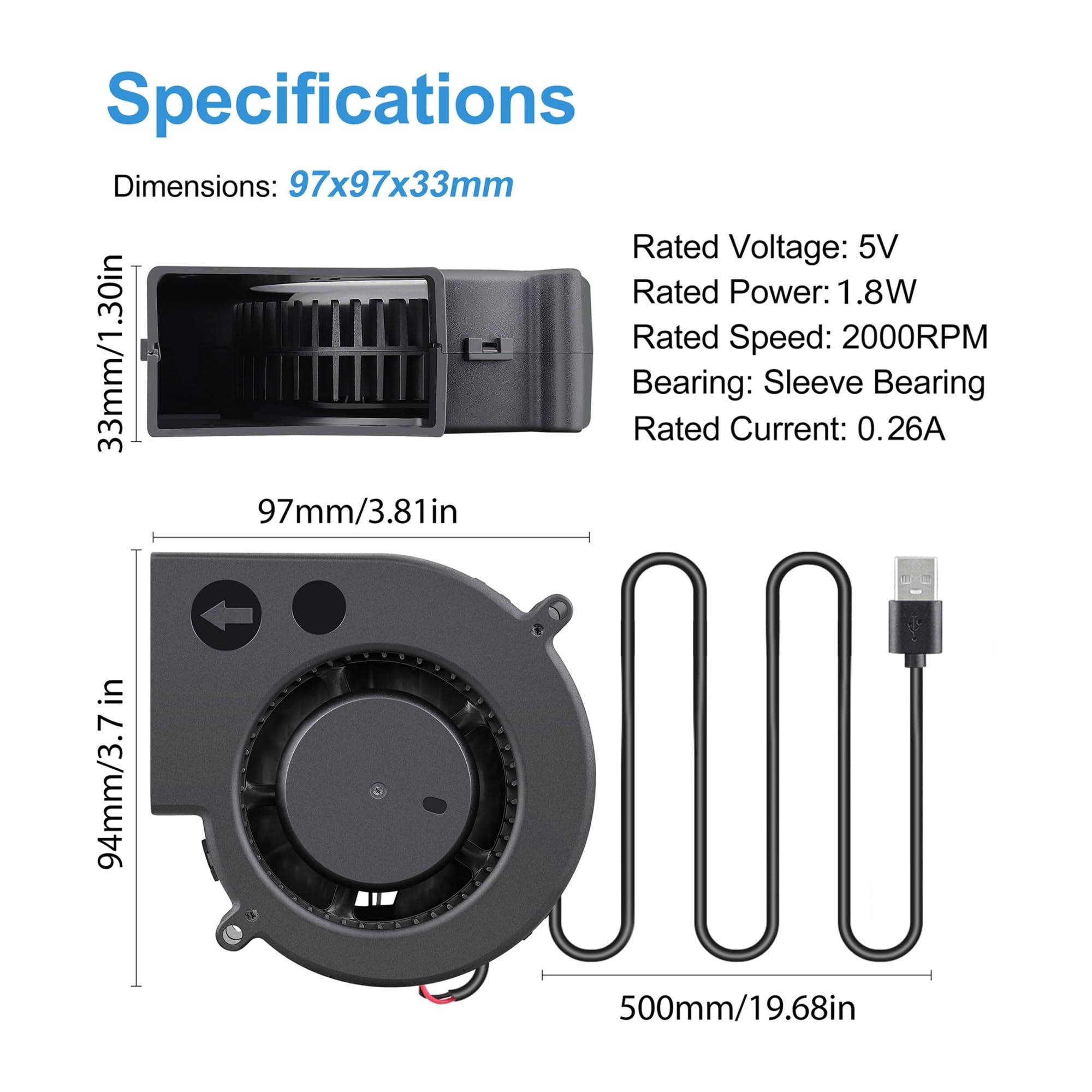 Ventilatore, DC 5V 97x94x33mm 9733 Manica Cuscinetto USB Ventilatore Ventola Di Raffreddamento Silenziosa for Barbecue All'aperto Mobile Stufa Centrifuga Turbo Ventilatore