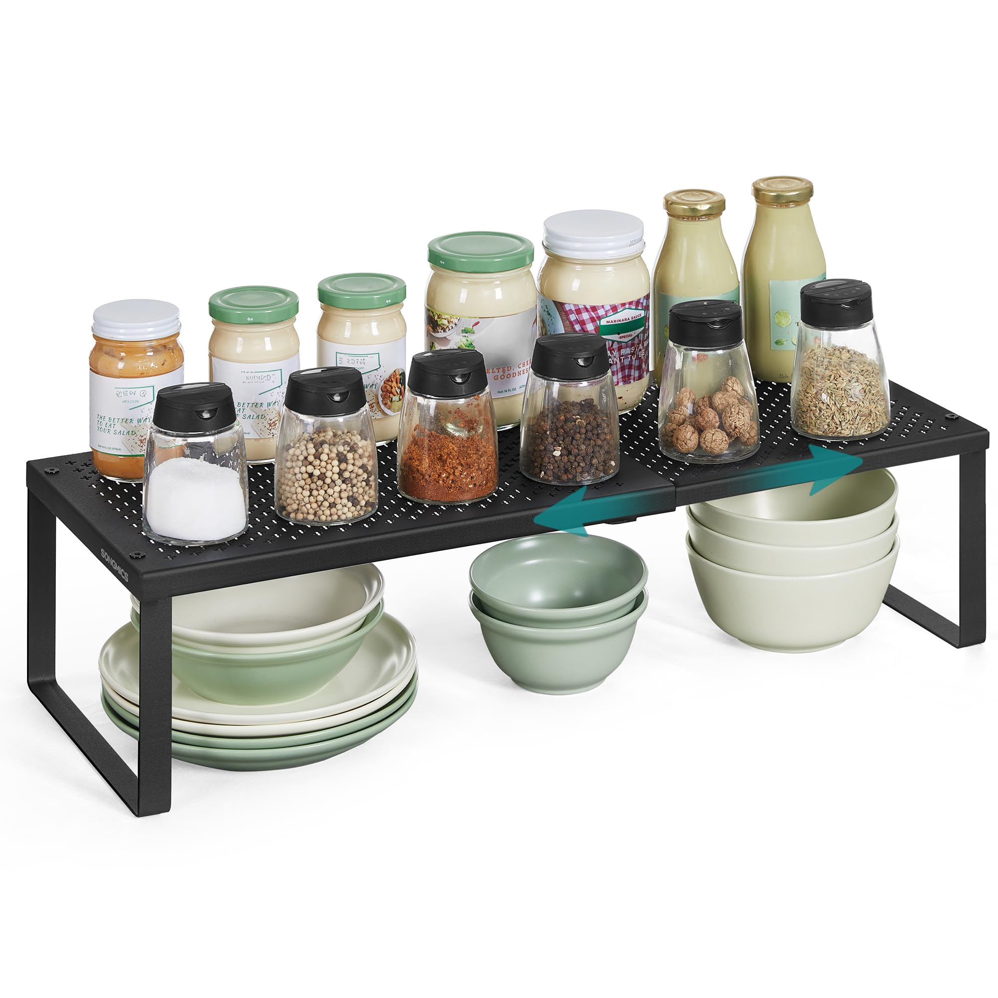 SONGMICS Spice Rack, Extendable Cupboard Organiser, Kitchen Countertop Shelf, Space-Saving Metal Storage, Matte Black KCS007B01