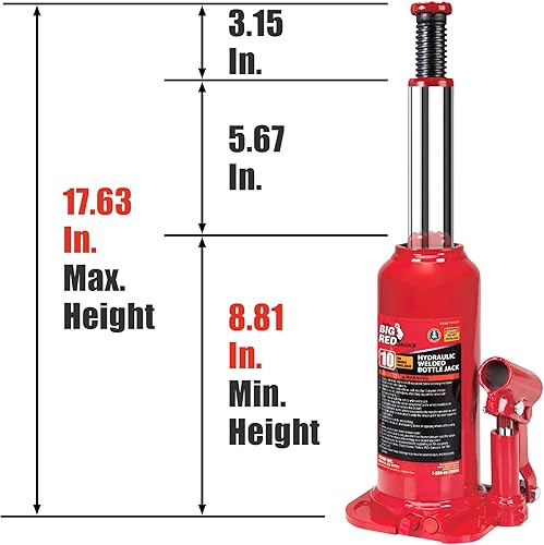 Miniatura 6 de BIG RED Gato hidráulico de botella de coche soldado Torin de 20 toneladas (40,000 libras) para reparación de automóviles y elevación de casa, rojo,