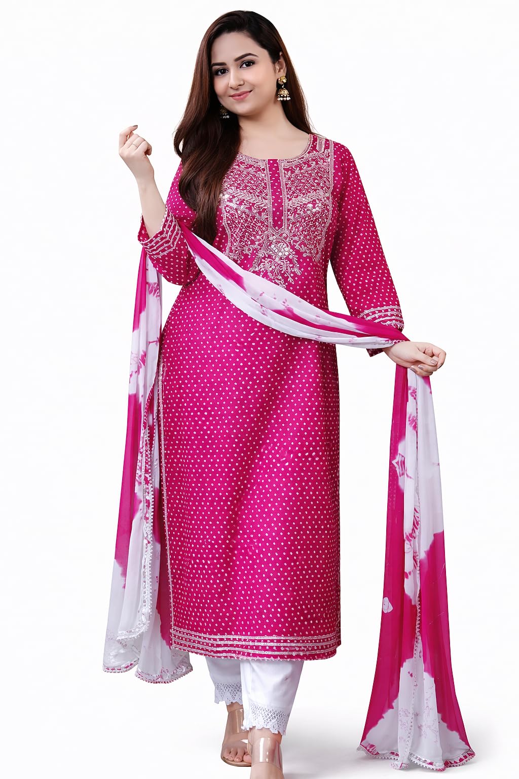 Lisha Magenta Bandhani Print Kurta Set, 3-Piece Traditional Indian Ethnic Wear with Mirror Work, Straight Fit-picture-10
