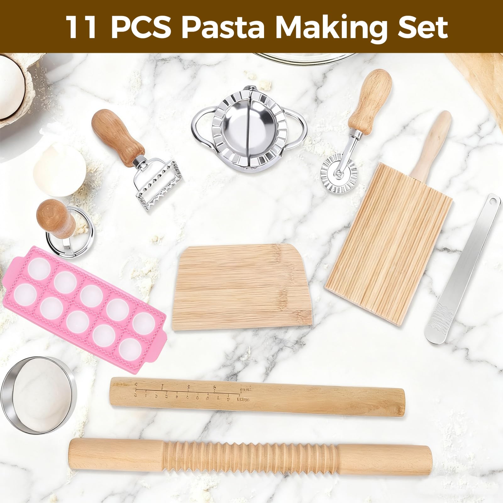 Kit de 11 outils de fabrication de pâtes - Rouleau à pâtisserie - Planche à gnocchi - Grattoir à pâte - Raviolis - Outils de fabrication de pâtes