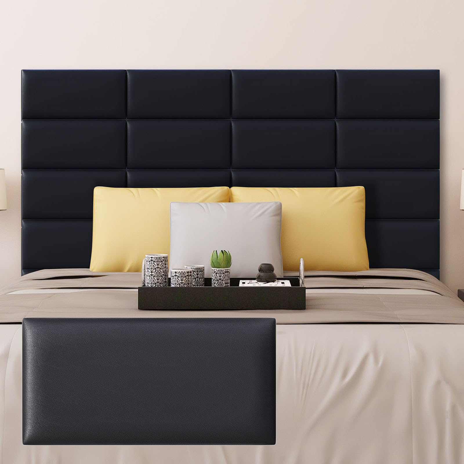 Raycity Peel and Stick Headboard Black Upholstered Wall Panels, Pack of 12 Panels Sized 7.8" x 15.7", 3D Anti-Collision Wall Panel, Self-Adhesive Bedroom/Living Room Upholstered Wall Pane
