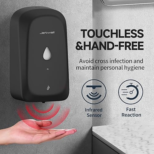 Miniatura 7 de JETWELL Dispensador automático de jabón de manos sin contacto para montaje en pared, funciona con pilas, cubierta de acero inoxidable negro mate,