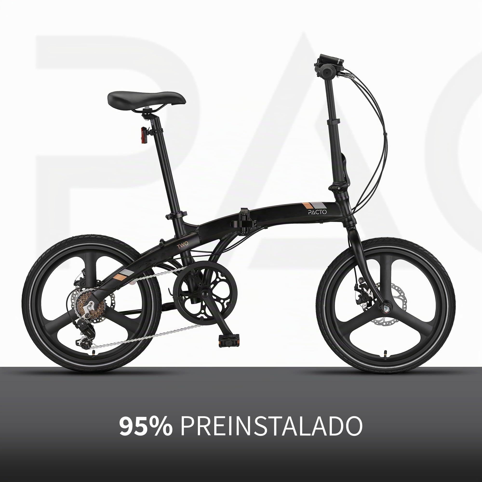 PACTO Bicicleta plegable de 20 pulgadas con sistema de plegado rápido (10 segundos), marco de aluminio, peso ligero (13 kg), Shimano de 6 velocidades, freno de disco doble y luz LED