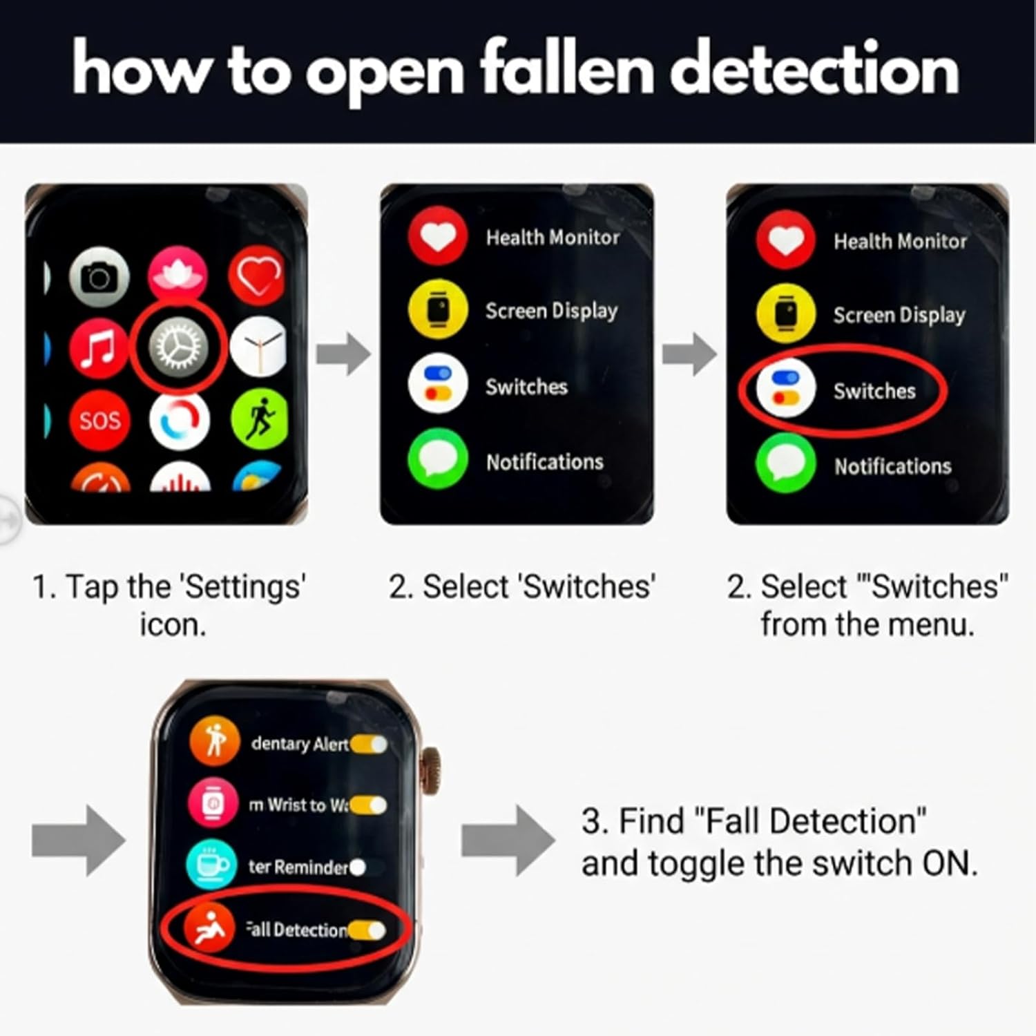Fall Detection Smart Watch for Seniors Fall Alert Watch with SOS Heart Rate Monitor Sleep Monitoring Pedometer for Android iOS