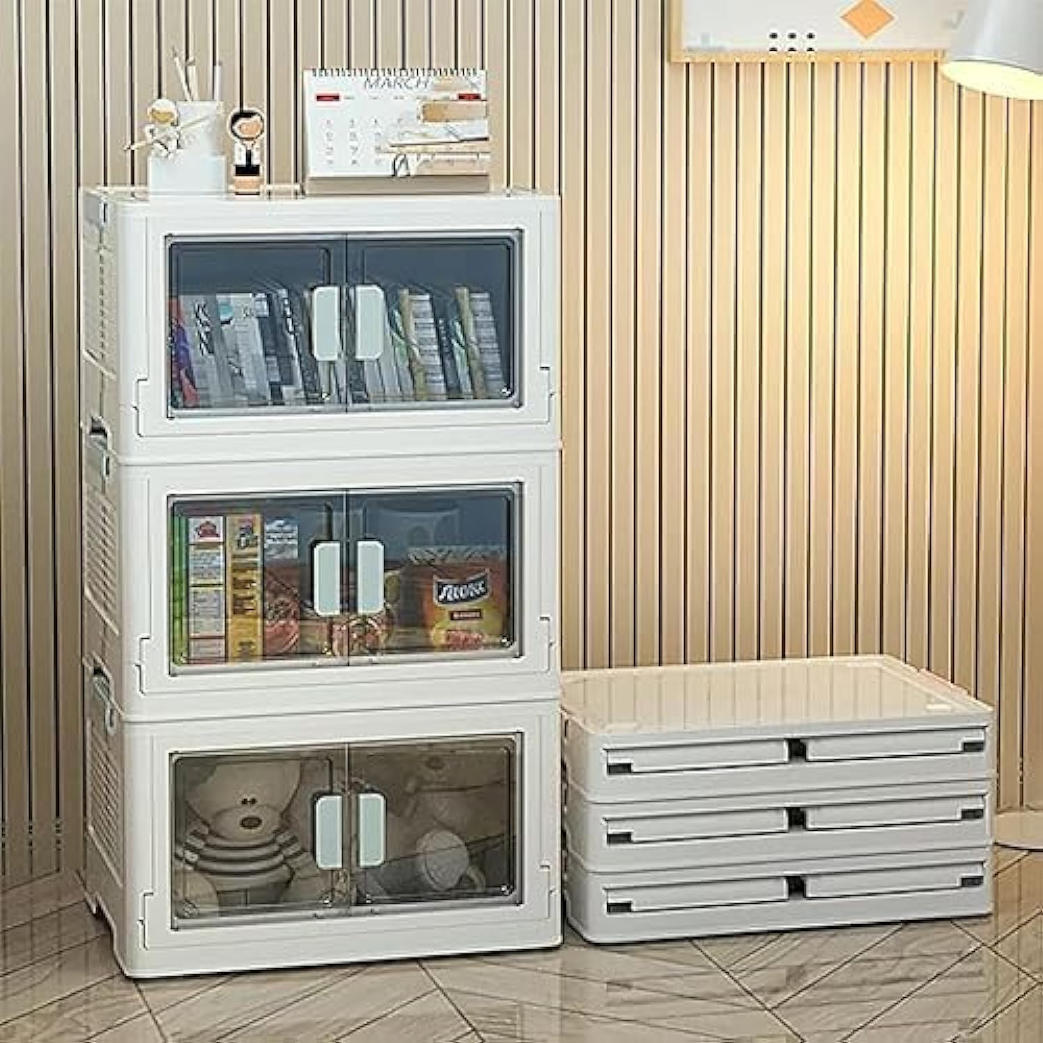 Foldable Storage Box, PRITZKER Large Capacity Folding Storage Box with Lids and Wheels Stackable for Bedroom Living Room Kitchen Office Dorm Essentials Storage Container (3 Layers), White