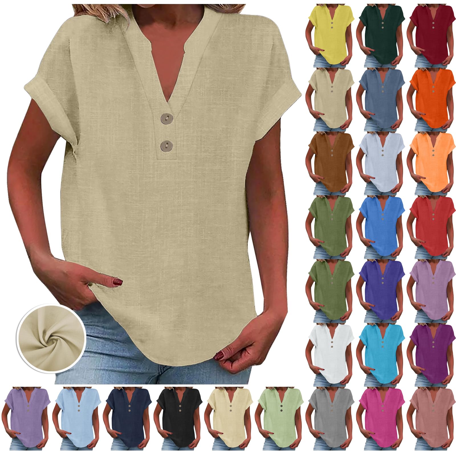Ladies Tops 2025 Women's Summer Cotton Linen Cap Sleeve T-Shirt Button V Neck Tunic Tops Fashion Baggy Solid Plain Shirts Trendy Blouse 1