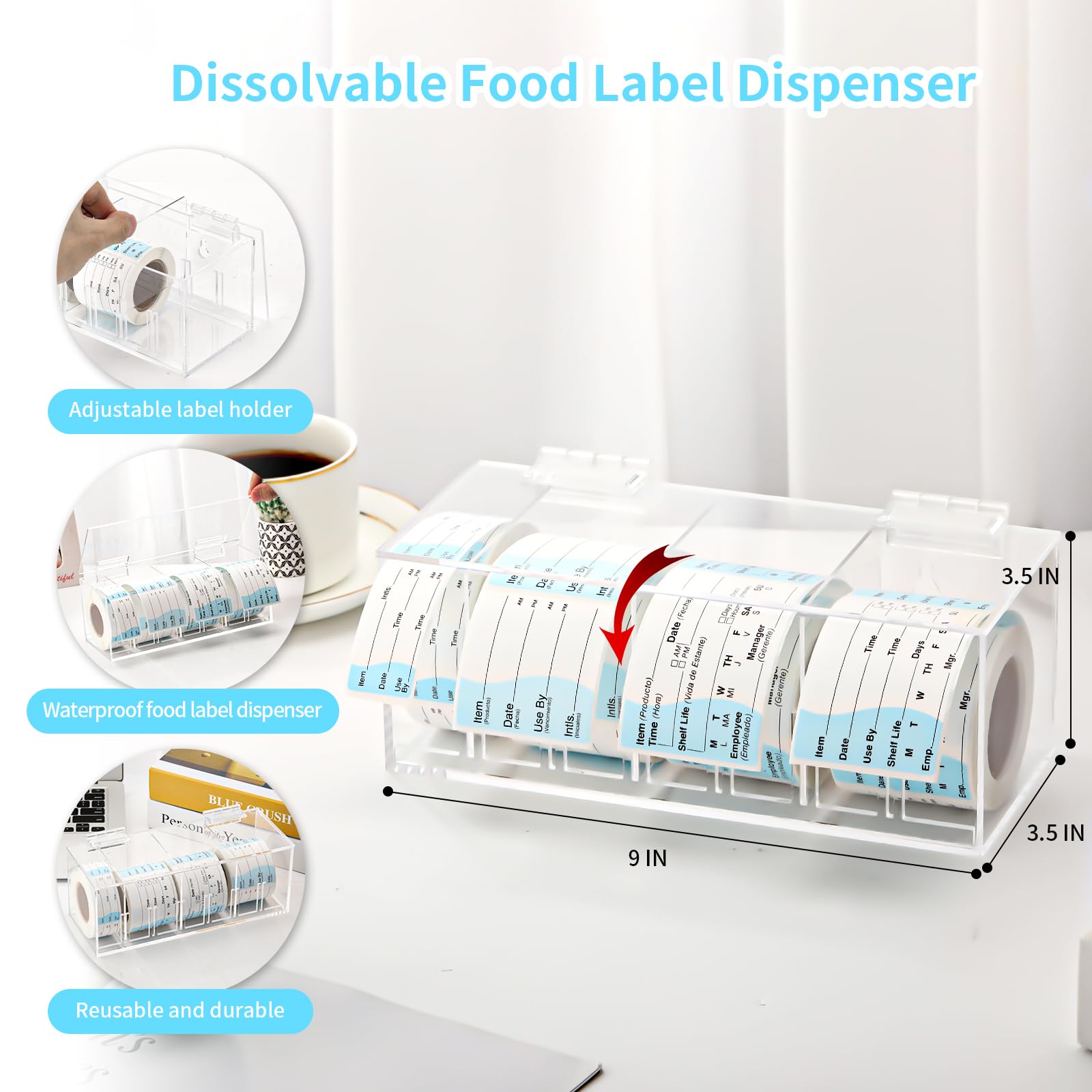 Dispenser di etichette alimentari solubile Supporto per etichette adesive Supporto per rotolo adesivo impermeabile Dispenser regolabile per adesivi per data Adesivi settimanali Etichetta mese