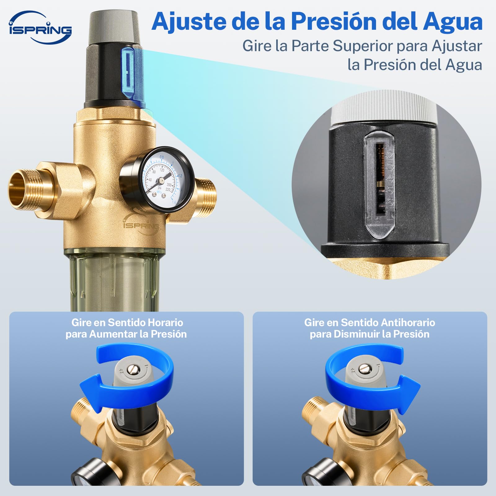 iSpring WSP50PRG Filtro de Sedimentos de 3/4''-1'' con Reductor de Presión, Filtro de Agua Reutilizable para Toda la Casa, Latón sin Plomo, Prefiltro de Filtración de 50 Micras