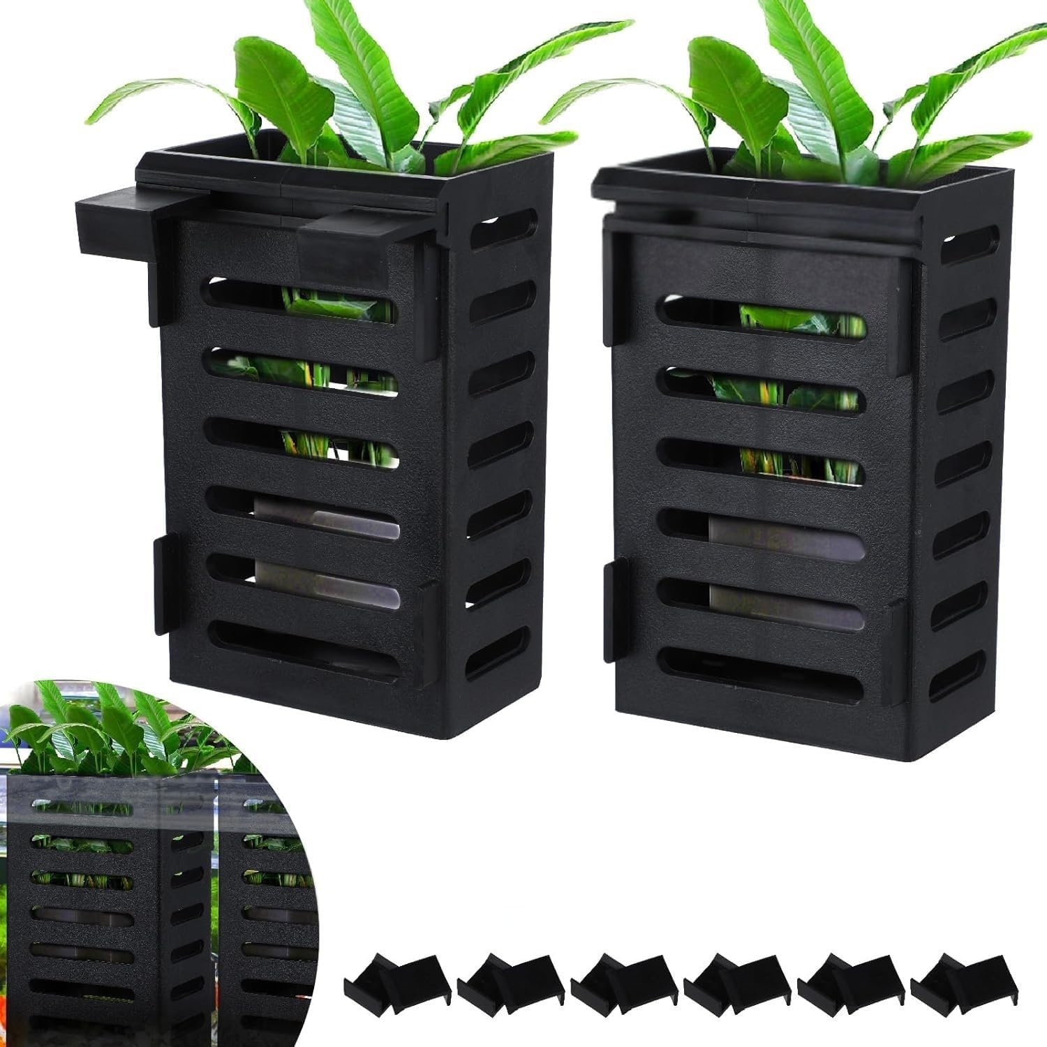 VAYINATO® 2 Pcs Black Hanging Water Plant Holder (Box Type) Pot for Aquarium Fish Tank, Aquaponics and Hydroponics with Hooks for Easy Installation by Petzlifeworld