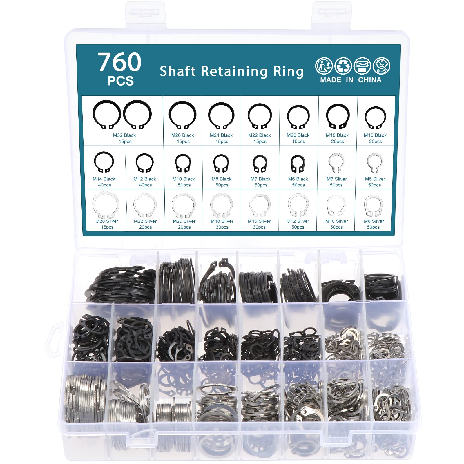 HSEAMALL Kit surtido de anillos de retención externos, juego de clips en C en ejes ranurados, pines, pernos (760 clips C negro + plateado)