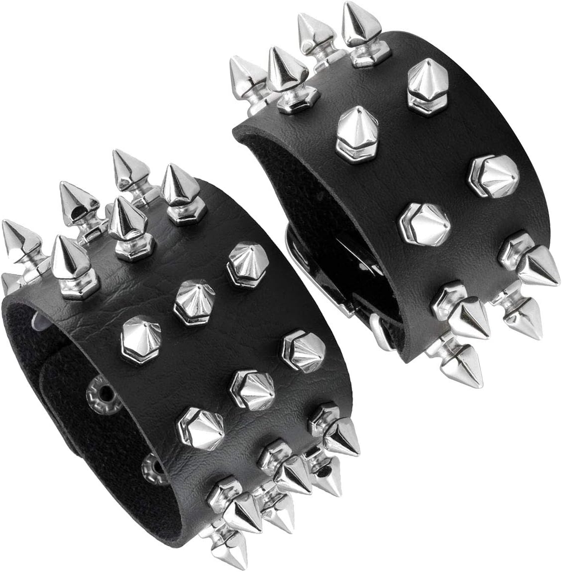 EigsoBlack Leather Bracelet Punk Spike Rivet Cuff Bangle Metal Studded Halloween Wristband for Women and Men
