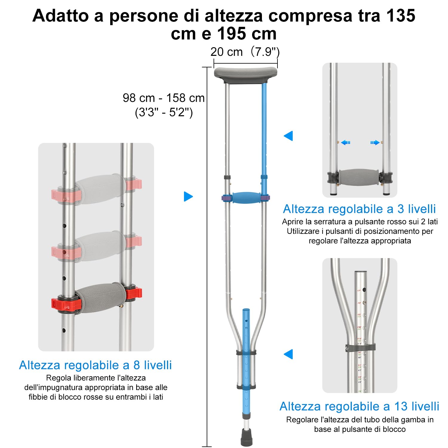 supregear Sottobraccio Stampelle, 1 Coppia Leggero Alluminio Universale Stampelle, Regolabile Avambraccio Stampelle con Morbido Sottobraccio e Mano Grip Pads per Camminare, Argento