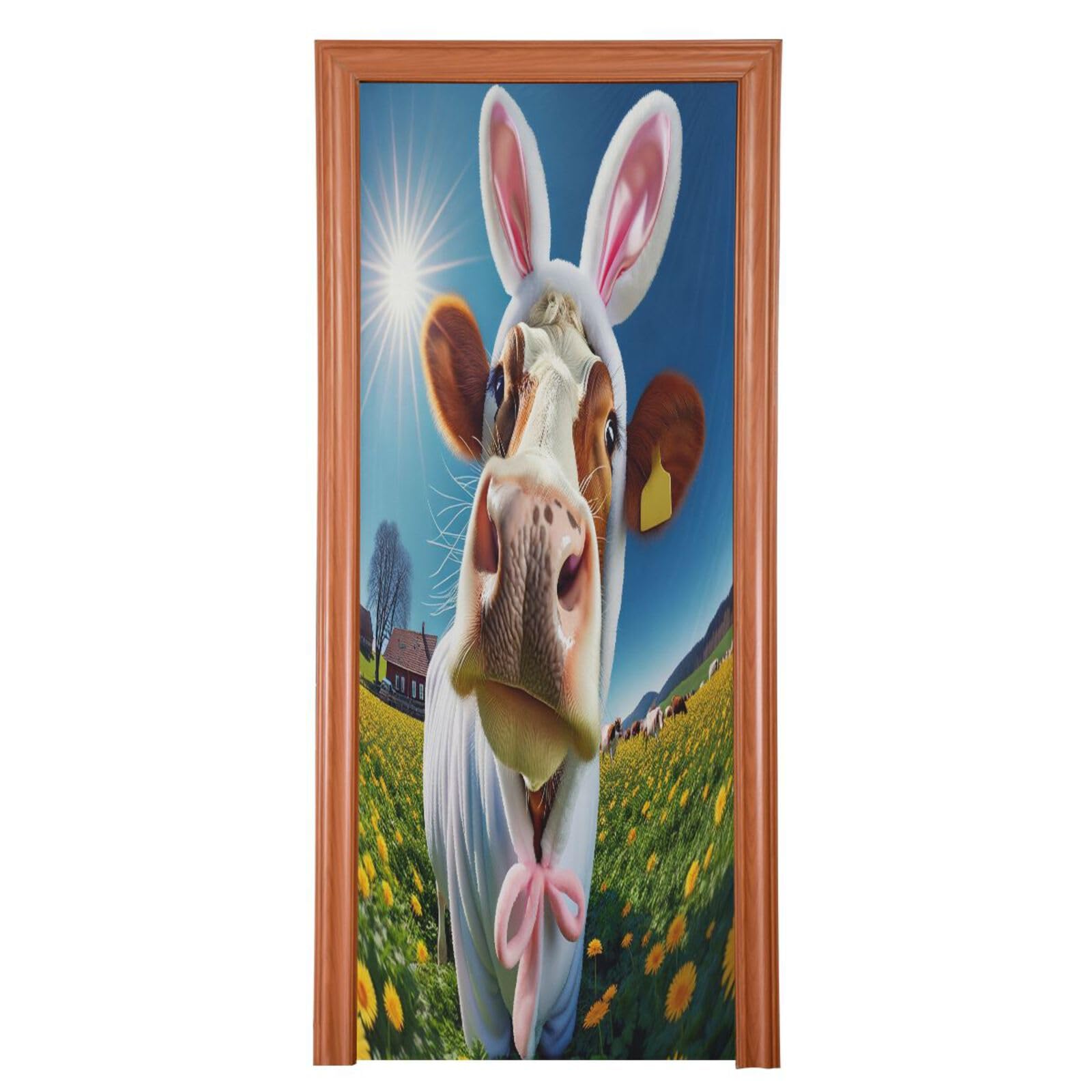 FLildon Funny Cow in Sunny Sunflowers Field Door Cover Decoration, Party Accessory Porch Decor for Festive Ornament Room Door Covers 32 x 79 Inch