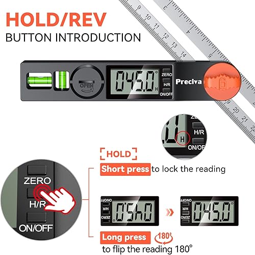 Miniatura 4 de Preciva Medidor y transportador de bisel en T con burbuja horizontal y vertical, transportador de ángulo digital de 0-338, pantalla de 9.055 in8