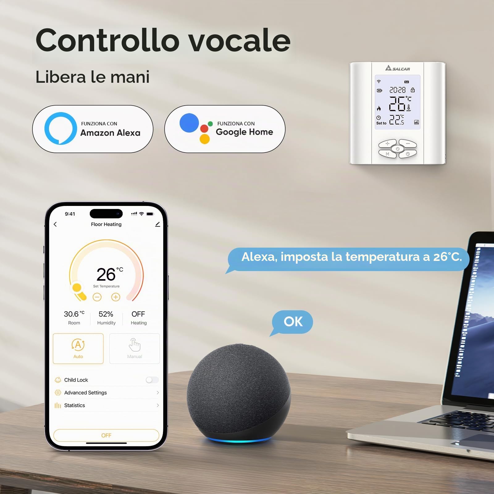 SALCAR Termostato intelligente per riscaldamento Wi-Fi, T5W, programmabile, termostato da parete WiFi con Umidità, compatibile con Alexa e Google