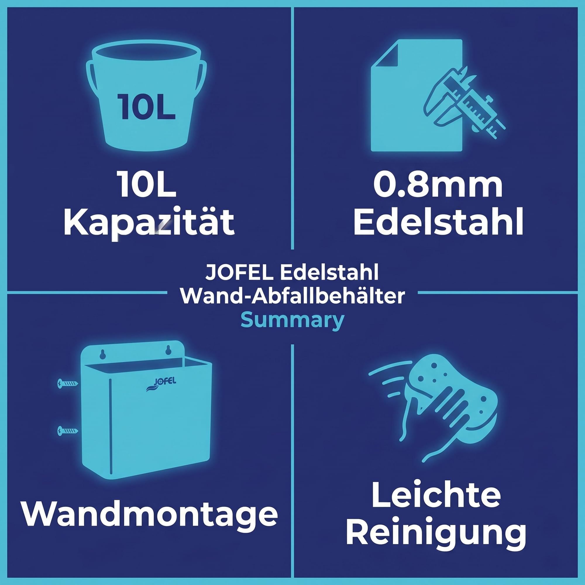Jofel Wandabfallbehälter Edelstahl 10L - Kompakter Wandmülleimer für Gewerbe, Gastronomie & Krankenhäuser - Abnehmbarer Abfalleimer zur leichten Reinigung, Satiniert, 280x325x130 mm