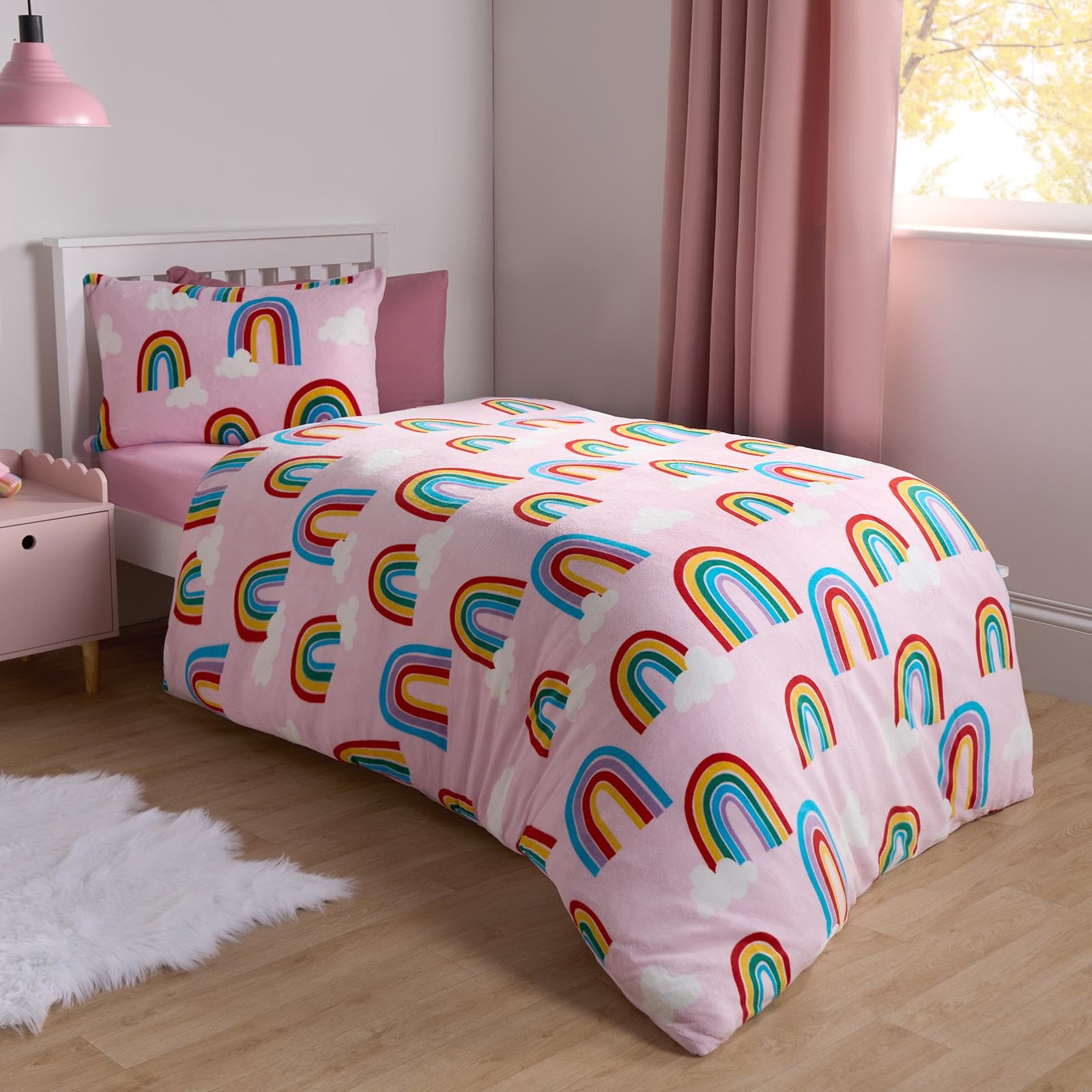 Ohs Pink Single Teddy Fleece Bedding Set Rainbows, Super Soft Warm Fleece Fabric Vibrant Rainbow Design Christmas Quilt Single Duvet Set & Matching Pillowcase,