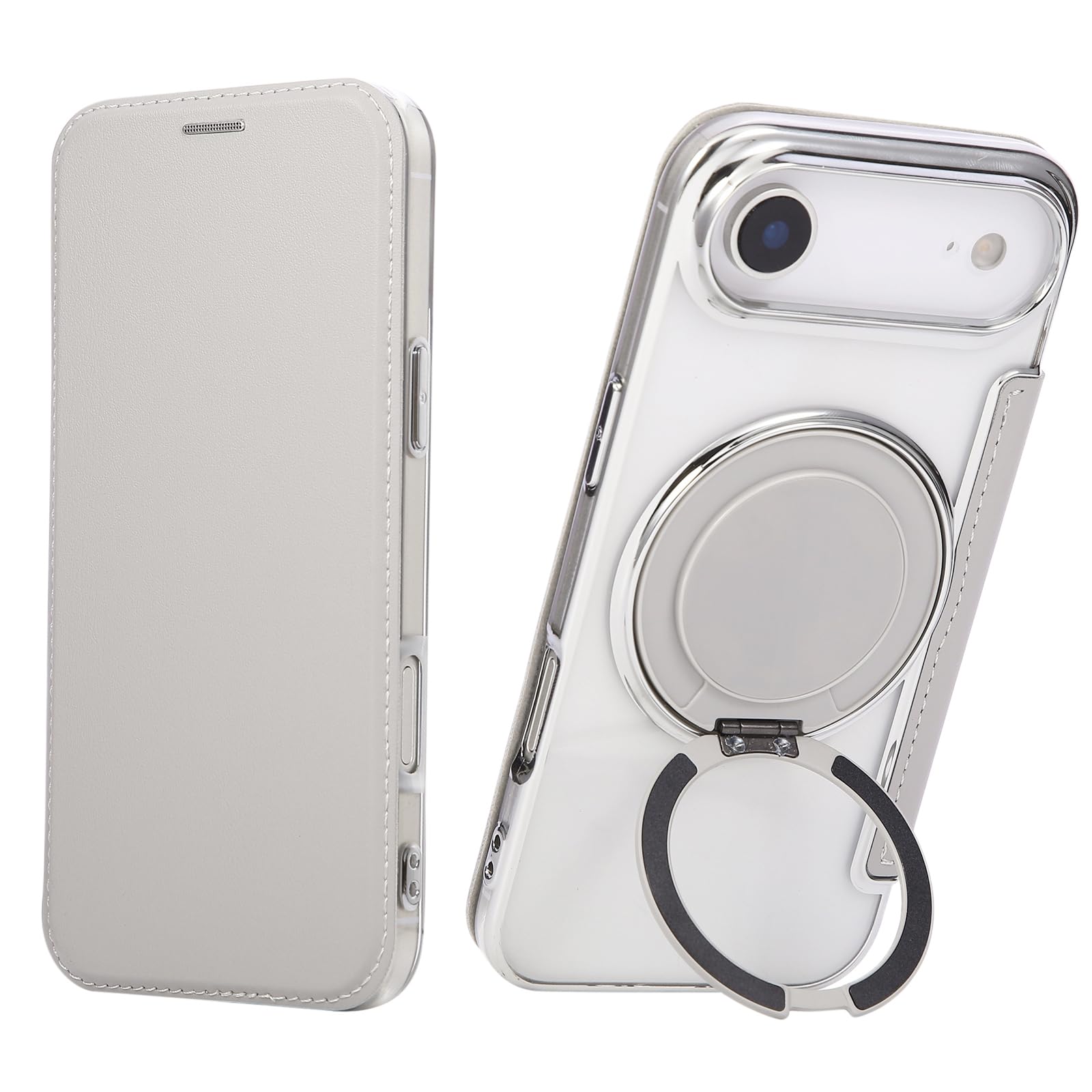 KeKeYou iPhone Air 用 ケース 手帳型 クリア リング付き Magsafe対応 背面透明 高級なPUレザー スマホケース ゴージャス カード収納 おしゃれ 人気財布型 カバー アイフォンAir用 手帳カバー (iPhoneAir用,チタングレー)