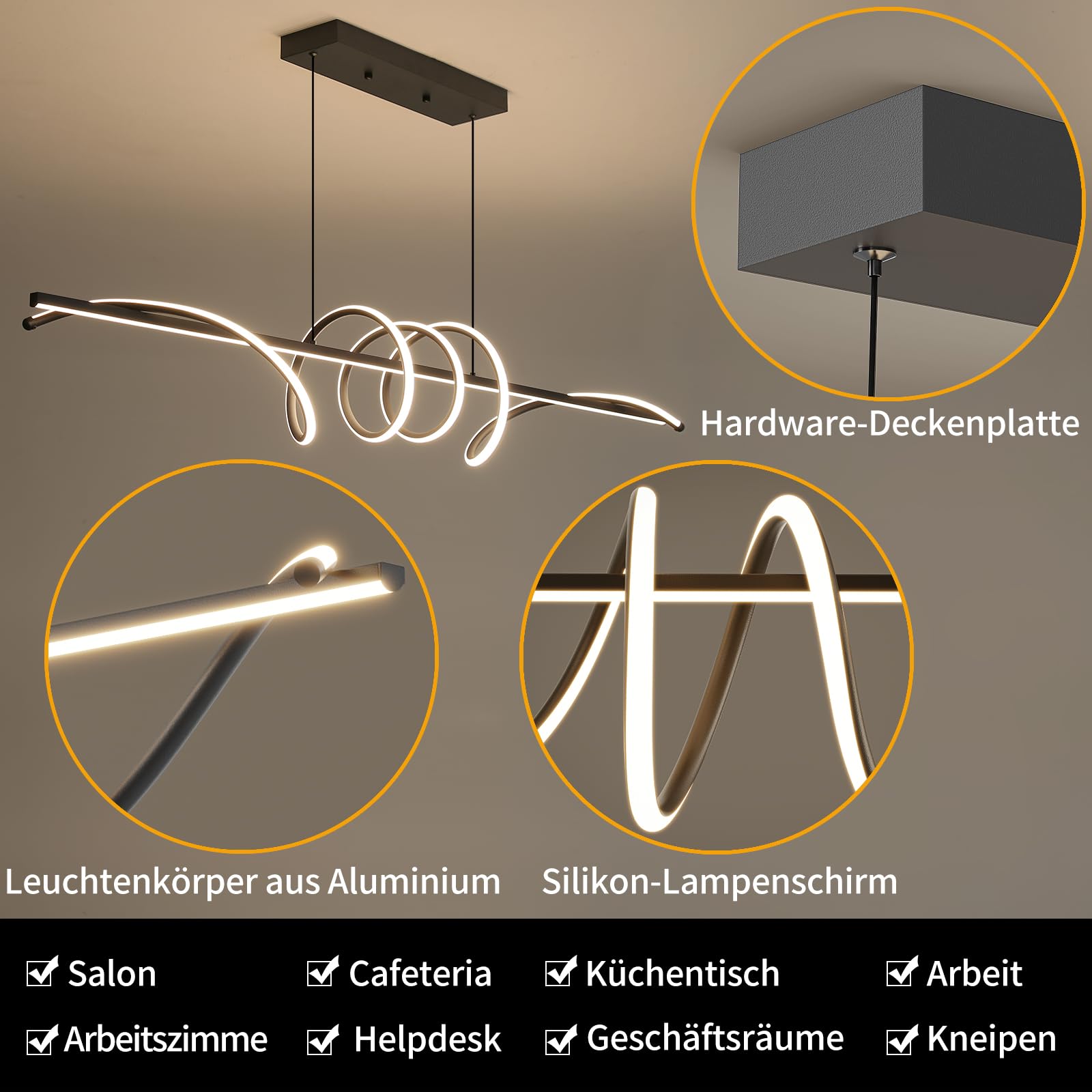 Mikeru Lampada a Sospensione Moderna a LED, 150cm Spirale Lampadario con Funzione Memoria Colore Nero Dimmerabile 10-100% 3000k/4500k/6000k Lampadario LED Soffitto Moderno per Cucin, Soggiorno