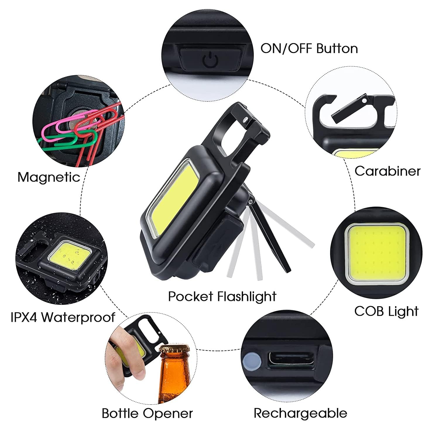 Rechargeable COB LED Work Light - 500 Lumen, Waterproof, With Magnet, Bottle Opener & Folding Stand