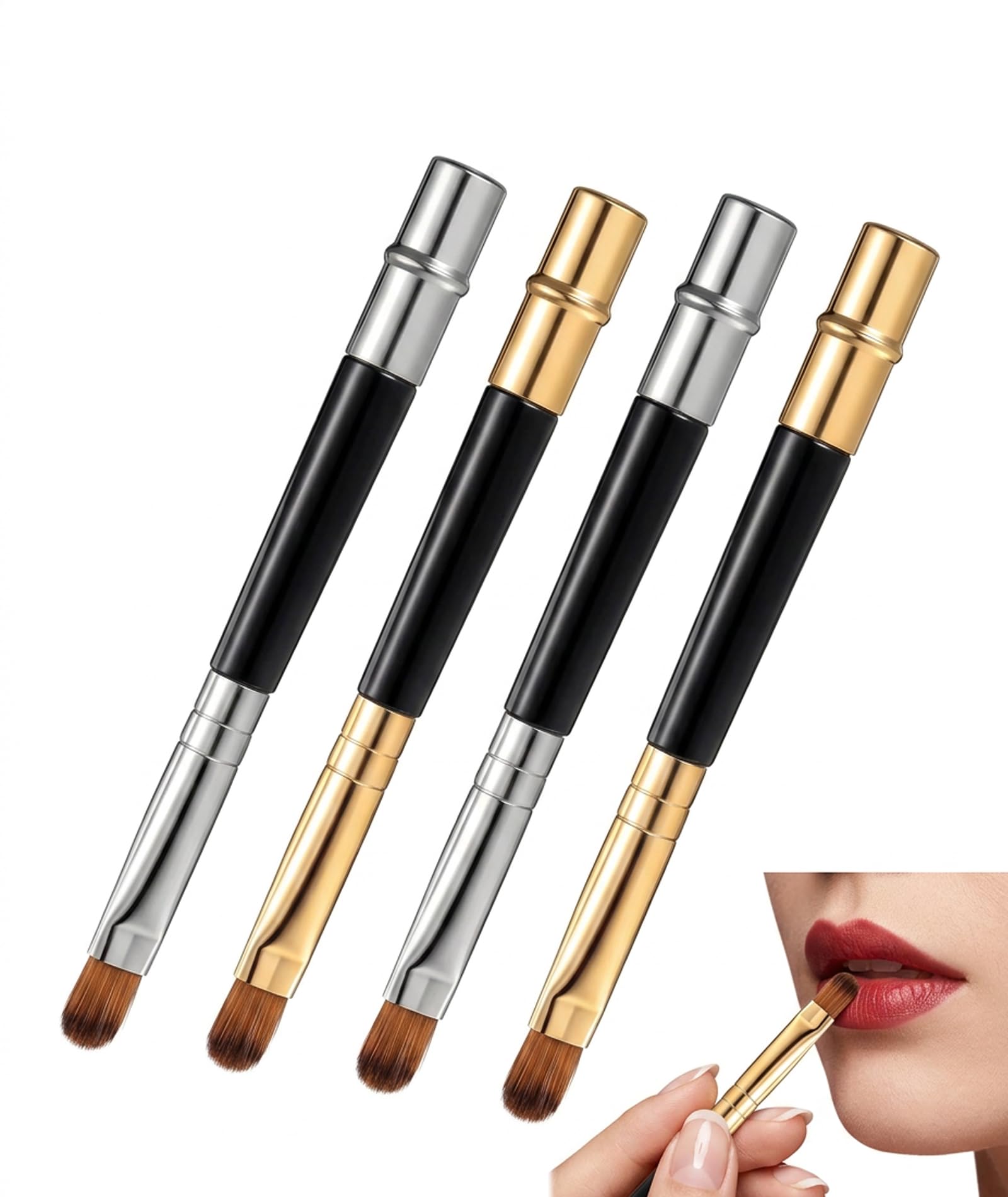 4PCS Lipstick Brush, Lip Brush for Lipstick, Four-Piece Set with Golden and Silver Handles, Precision Makeup Tool for Daily Application, Portable Design for Travel and Professional Use-image-22