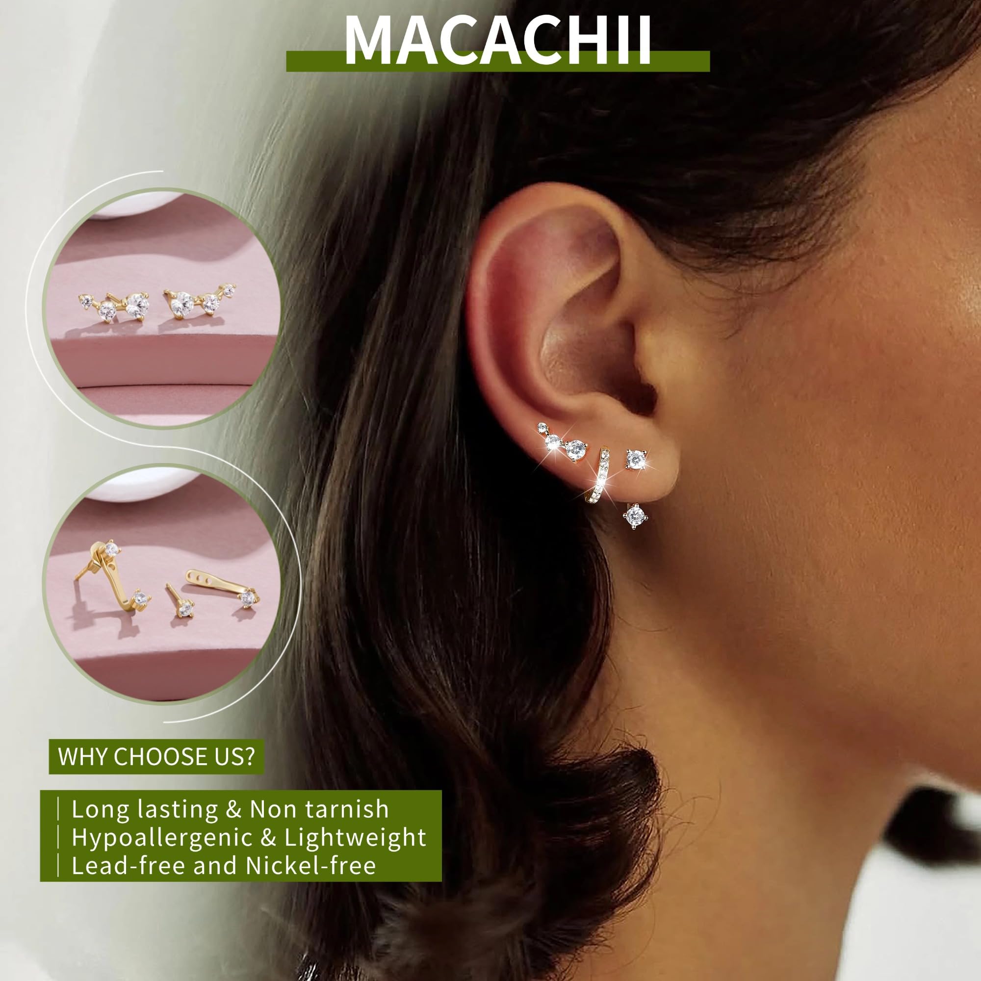 MACACHII Orecchini Donna Argento 925 Placcati Oro 14K - Set 3 Paia Orecchini a Lobo, Cerchio, Helix - Anallergici, Idee Regalo Gioielli per Piercing Multipli