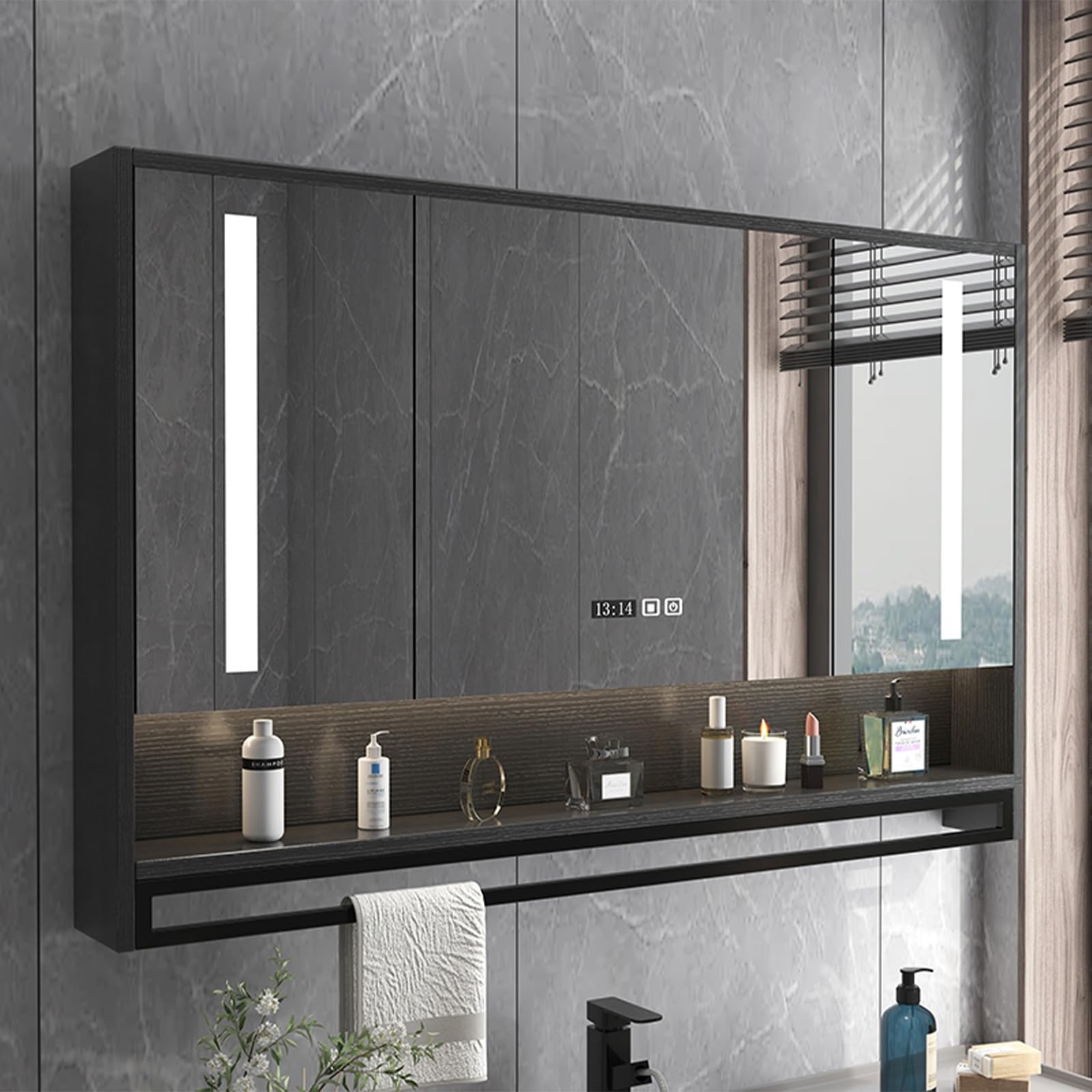 Szafka łazienkowa z lustrem LED, montowana na ścianie, z odmgławianiem i wieszakiem na ręczniki, 3 drzwi obrotowe, nowoczesny design, 90 x 75 x 12 cm