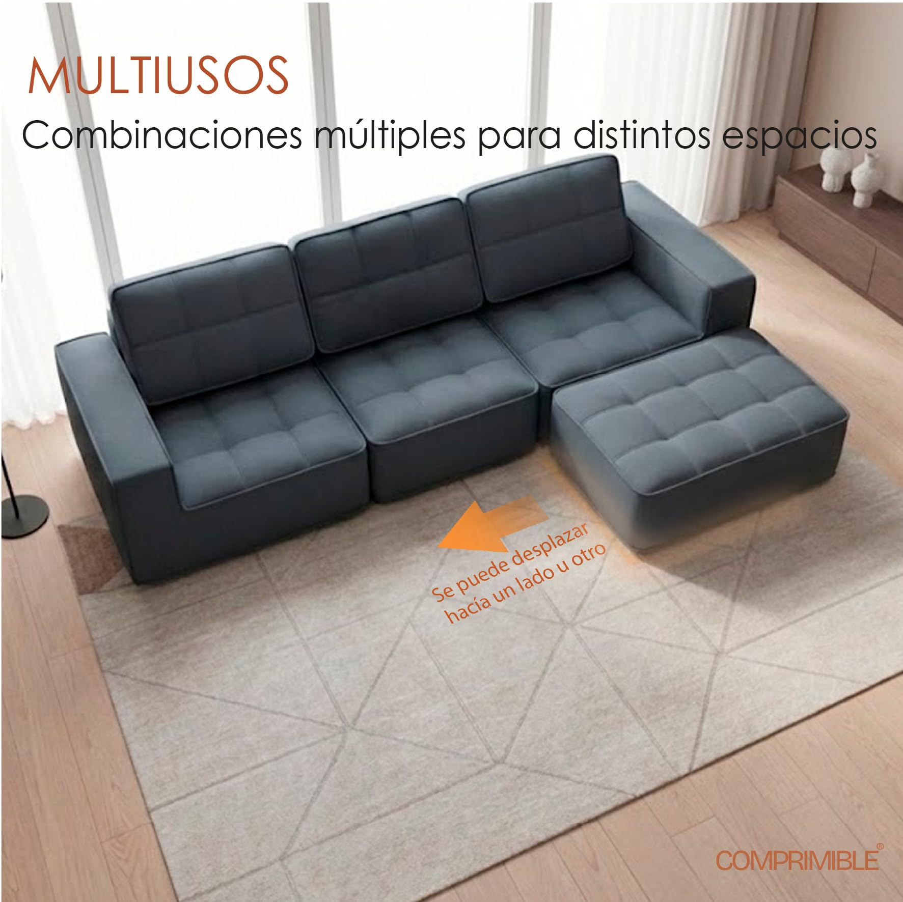 COMPRIMIBLE Icónico | Sofa Modular de 3 plazas con reposapies. Fabricado en Tela de Lana Resistente al Desgaste e Interior con Espuma polimérica de Alta Densidad. 275x90x75 (Blanco) | Polímero interior