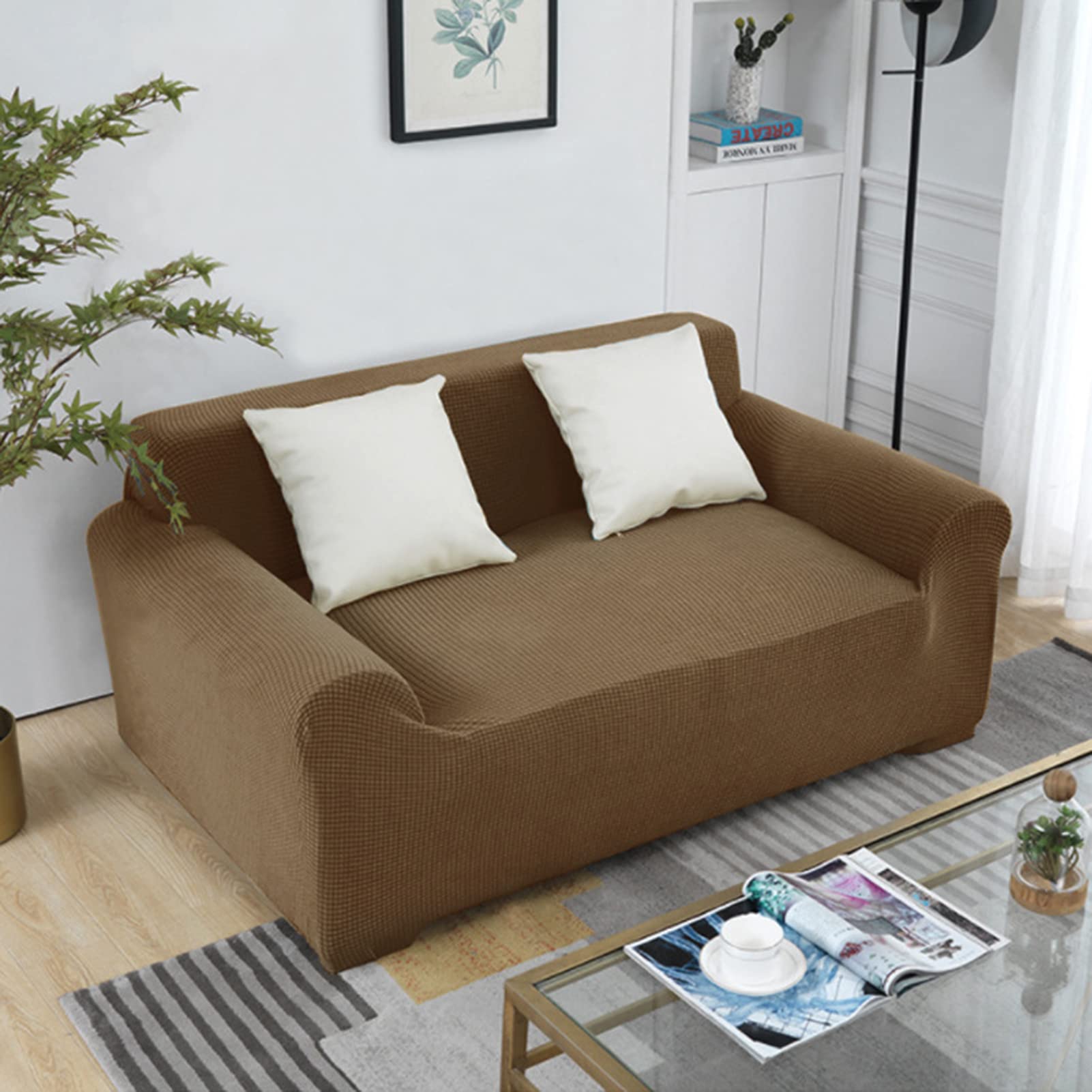 Housse de canapé 4 places extensible en jacquard kaki 235-300 cm