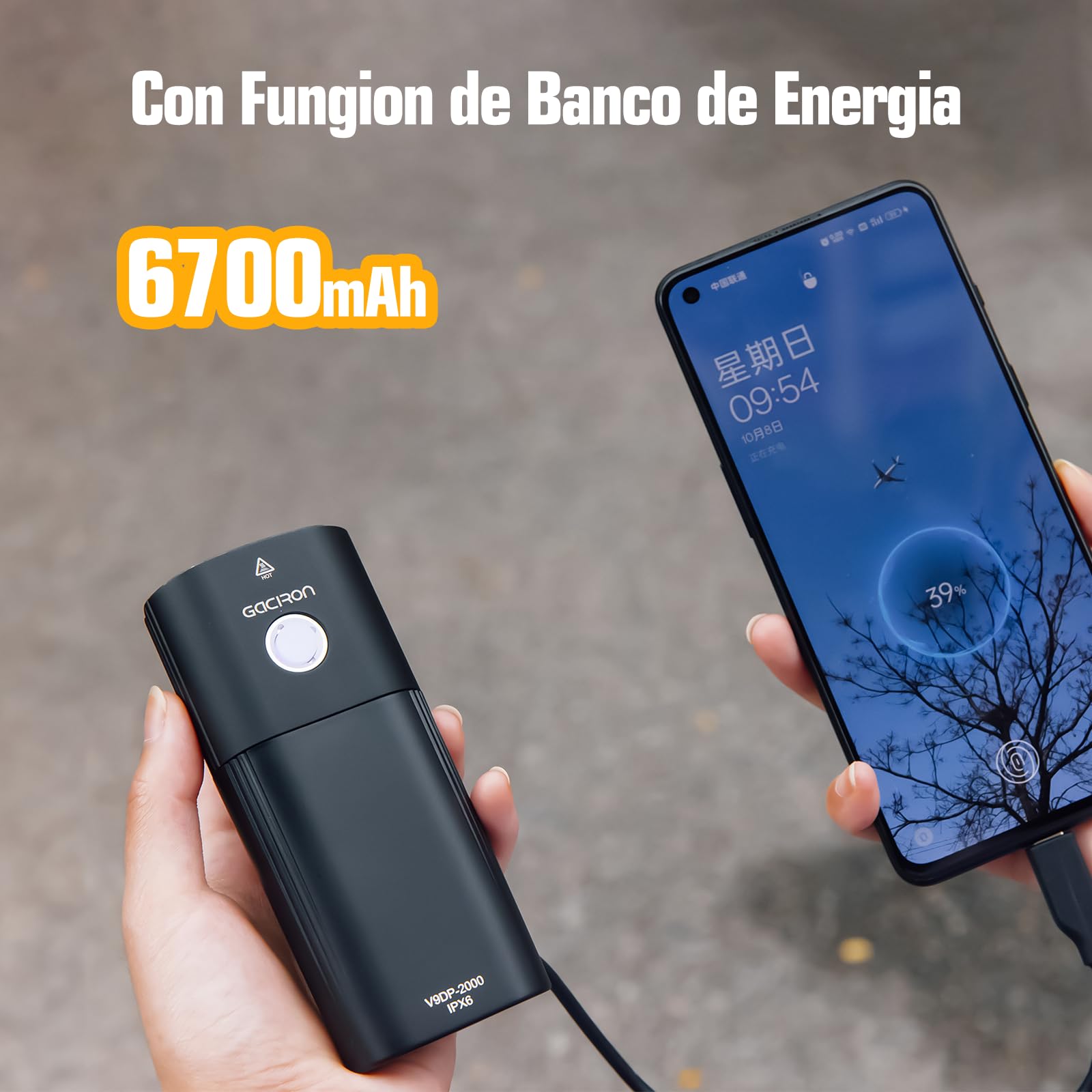 Gaciron V9DP luz Bicicleta Delantera,con función de Control Remoto con Cable,6 Modo de Brillo,luz Delantera Bicicleta Potente led con 6700mAh función de energía móvil,Luz Bicicleta de Aluminio