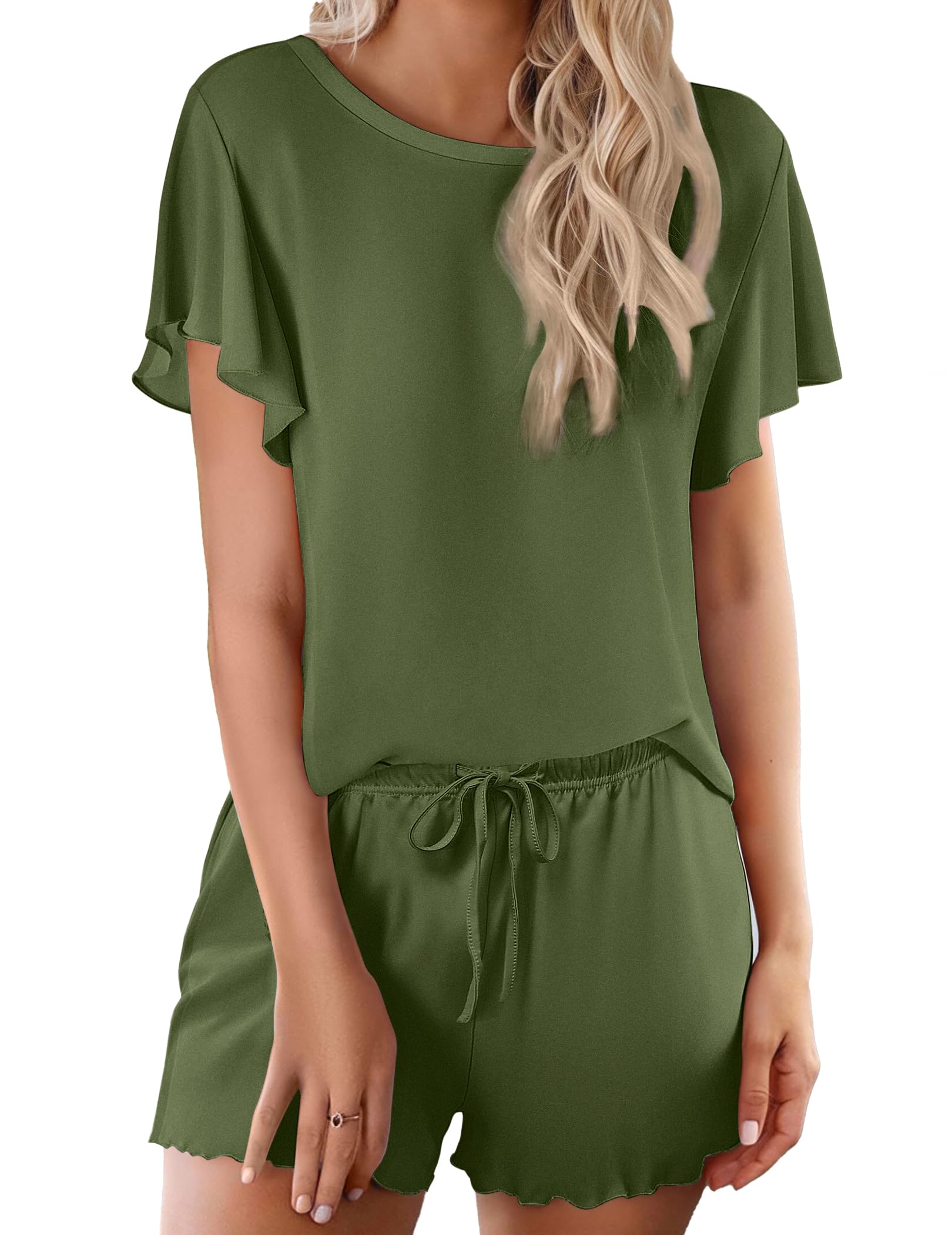 Ekouaer Pajama Set for Women 2 Piece Lounge Set Short Sleeve Pjs Tops and Shorts Soft Sleepwear S-XXL