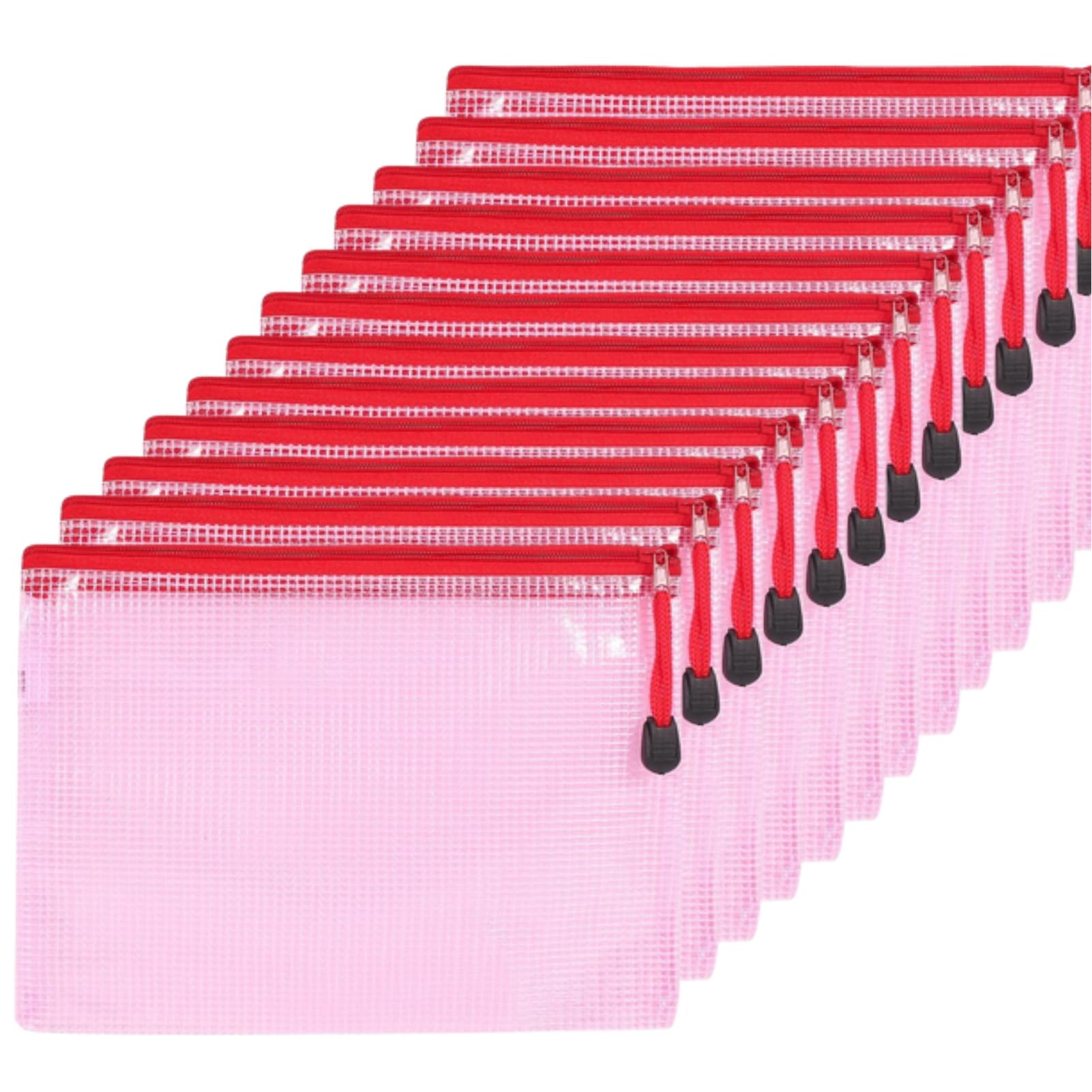 Mesh Zipper Pouch, 12Pcs Plastic Zip File Document Folders Letter Size A5 Size Zipper Document Bag Zip Document Pouch for School Office (Red)