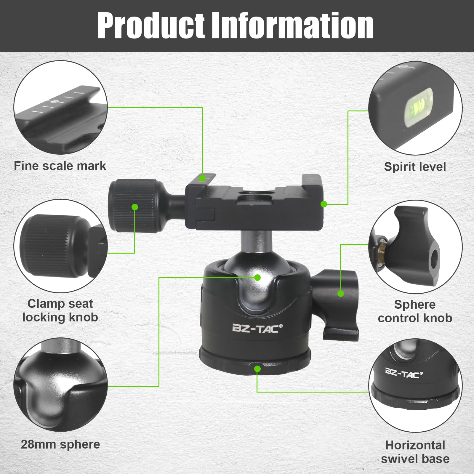 BZTAC Arca Swiss - Testa a sfera per treppiedi per fucile, piastra Arca Swiss con vite da 0,6 cm, montaggio con filettatura da 1 cm, metallo a bassa gravità, diametro 28 mm, rotazione panoramica a 360